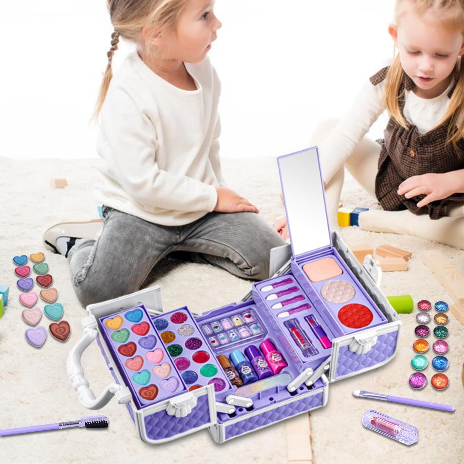 Kit di bellezza per il trucco lavabile per bambini - Set di cosmetici di | simulazione 43 pezzi con manico viola | di ruolo per ragazze, Trucco di simulazione da a