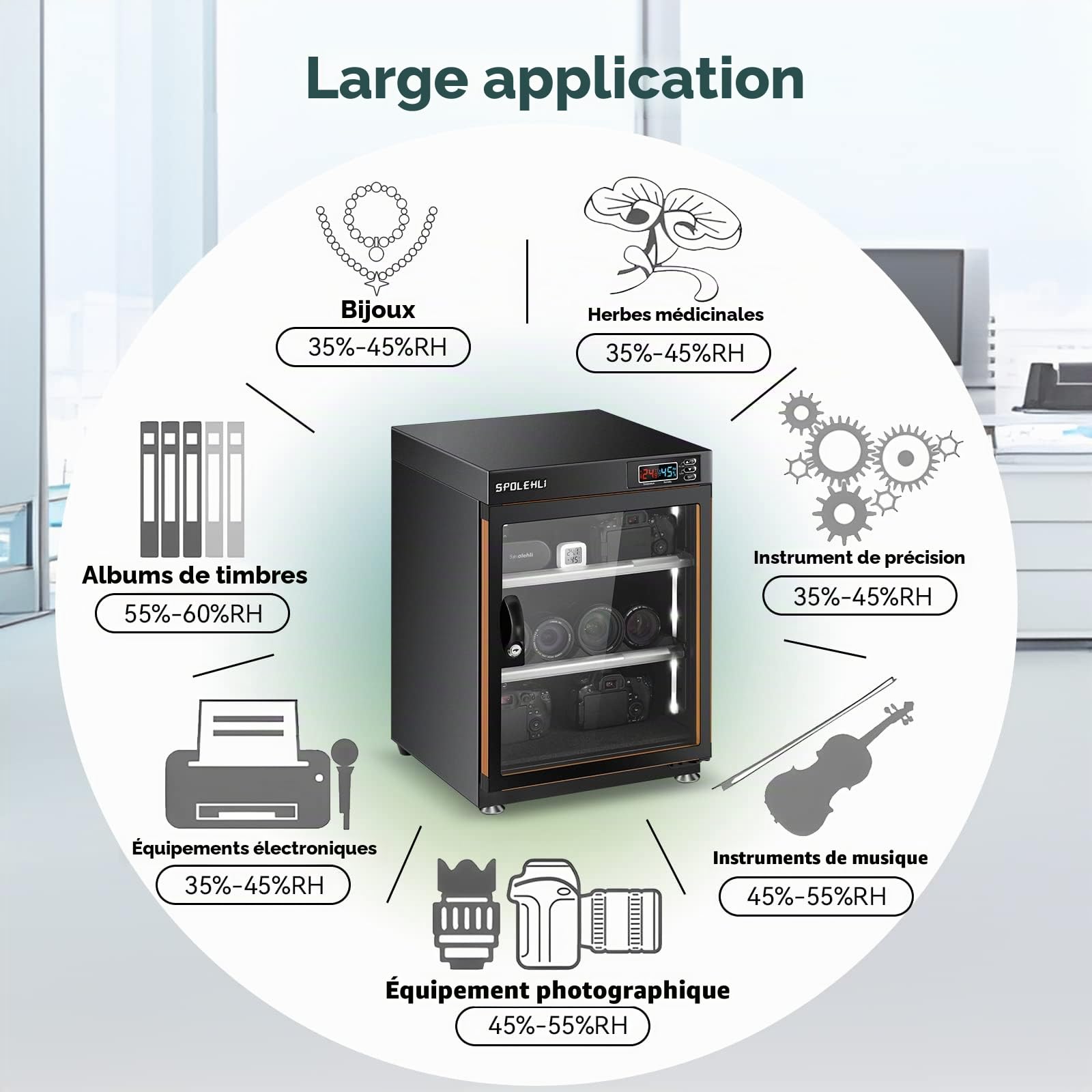Armoire Sèche pour Appareil Phot Déshumidificateur Numérique Boîte Sèche électronique 70L avec Lumières LED Silencieux Et économie D'énergie pour L'objectif De Caméra Et Le Stockage