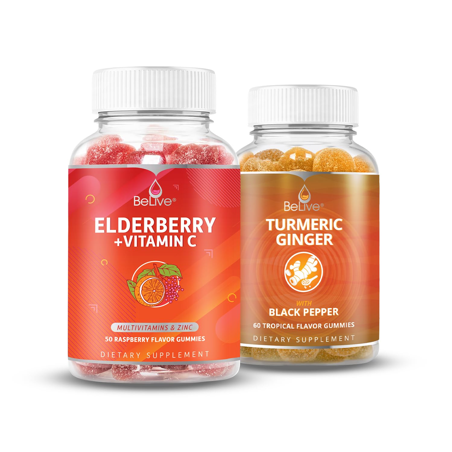 BeLive Bundle de Gomas de Sabugueiro com Vitamina C e Cúrcuma com Gengibre e Pimenta-preta, 110 gomas