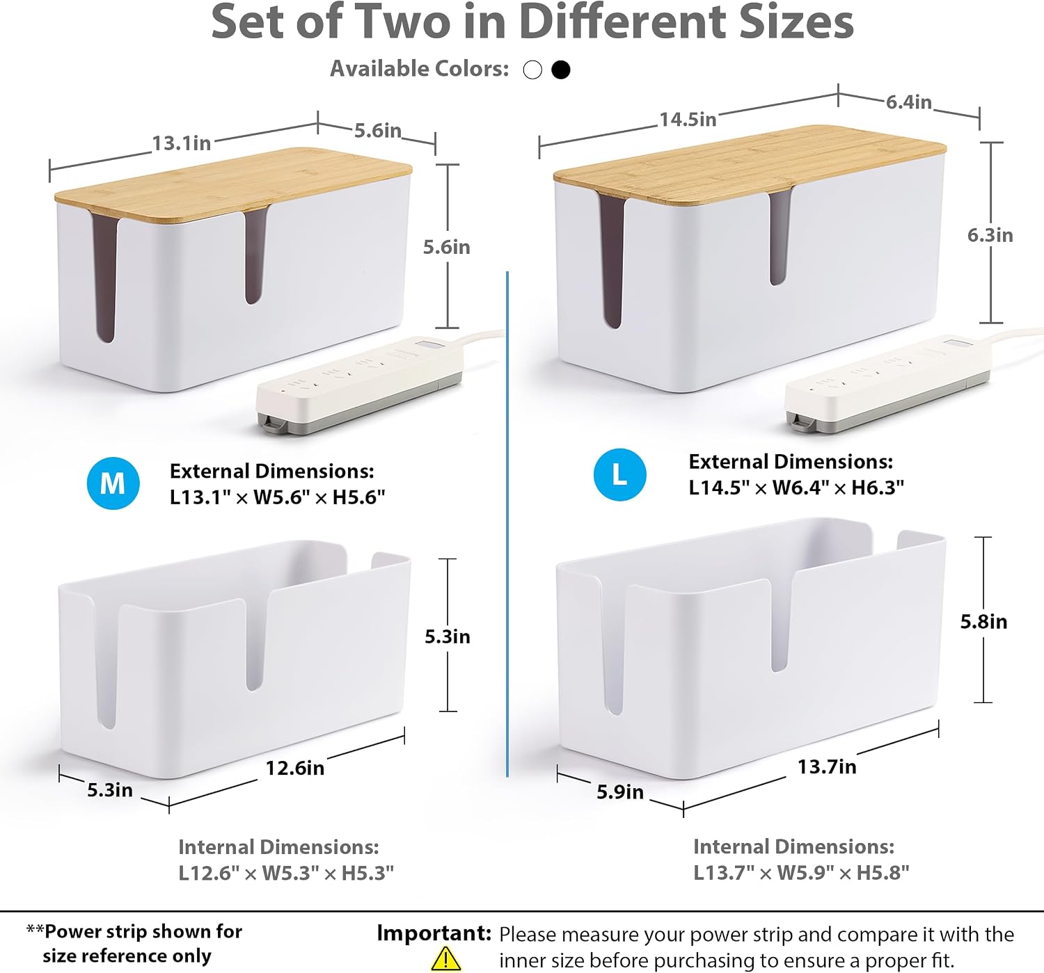 ZhiYo Bamboo Lid Cord Organizer Box, 2Pack Large Cable Management Box, Safe ABS Wire Organizer for TV and Computer, Wood Cover Cord Hider to Hide Wires, USB Hub & Under Desk Power Strip, White