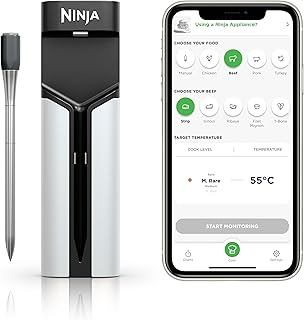Ninja ProChef Kabelloser Temperaturfühler/Bratenthermometer, Kochen/Grillen/Air Fry, 50m Bluetooth-Reichweite, 30h Batterielaufzeit, App-Verbunden, Hitzebeständig, Wasserdicht, WP100EU