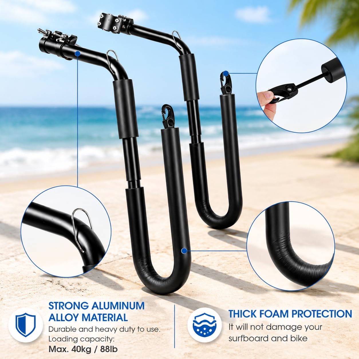 Moved By Bikes Support de planche de surf en alliage d'aluminium et mousse compatible avec les shortboards, Boogie, snowboards et