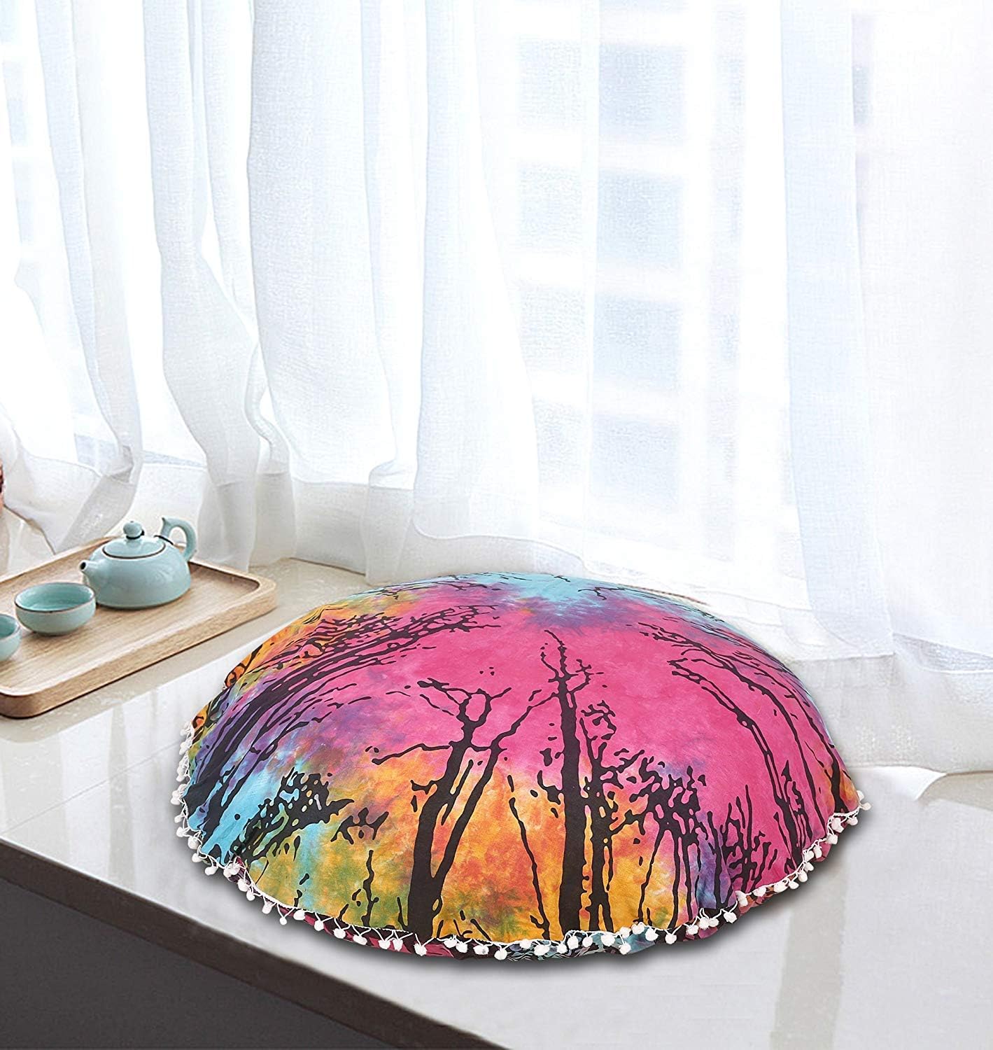 32" Multi Locust Tree Floor Pillow Meditation Bohemian Cushion Seating Throw Hippie Decorative Boho Indian Large Ottoman Home Decor Cases Round Sham Outdoor Tie Dye Pouf White Pom Pom (Cover Only)