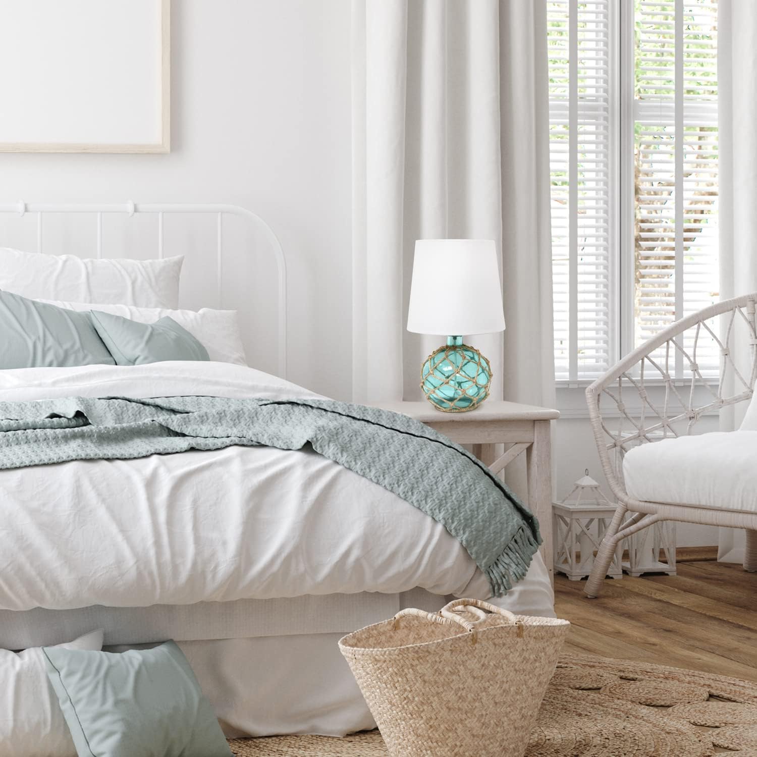 Maritime 14.75" Medium Coastal Fisherman's Shoreside Glass Rope Table Lamp with White Fabric Empire Shade, Aqua