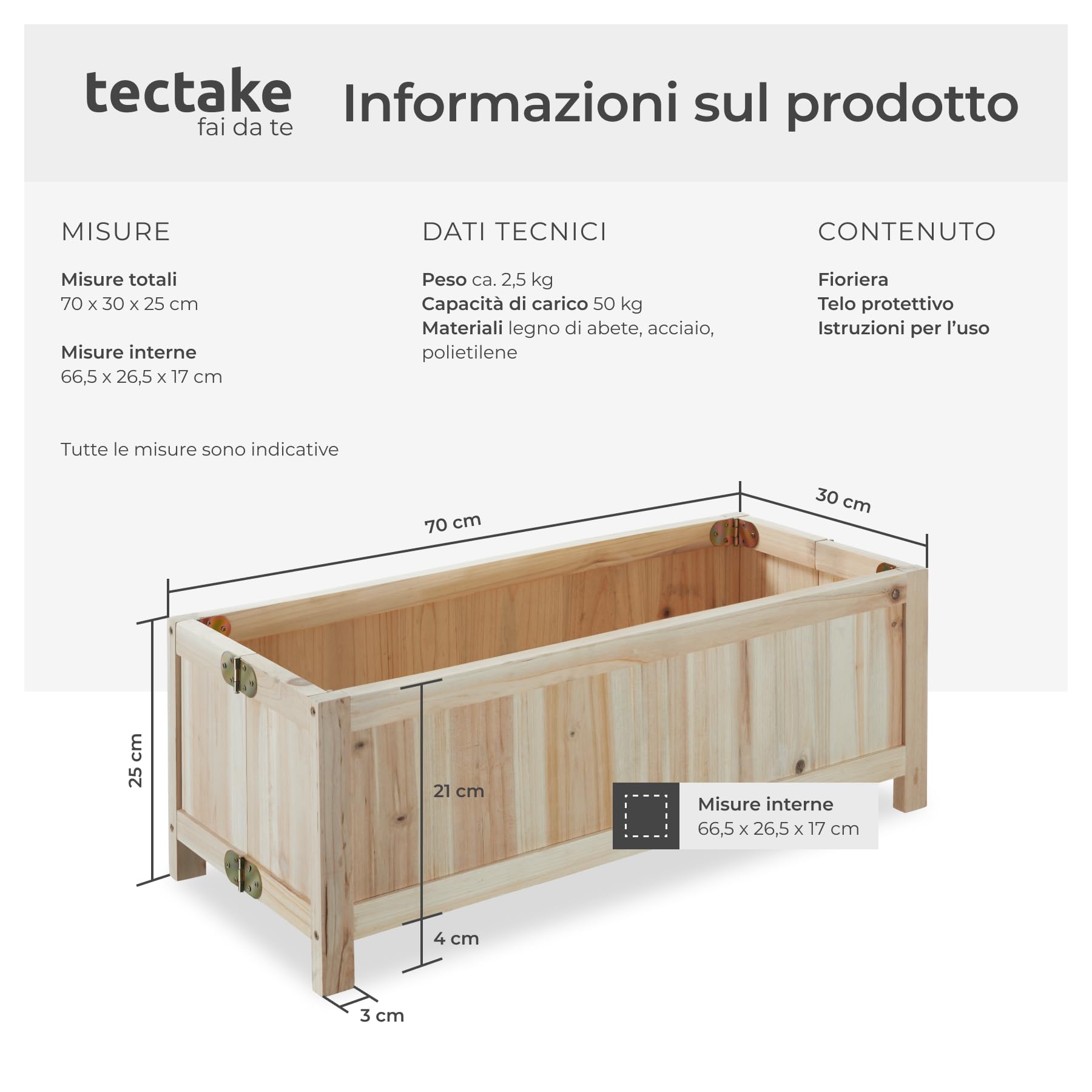tectake® Cassone per Orto Rialzato, Legno di Abete, Pieghevole, 30l, con Pellicola Protettiva, per Verdure, Erbe Aromatiche e Fiori, per Giardino, Balcone e Terrazza, 70x30x25 cm