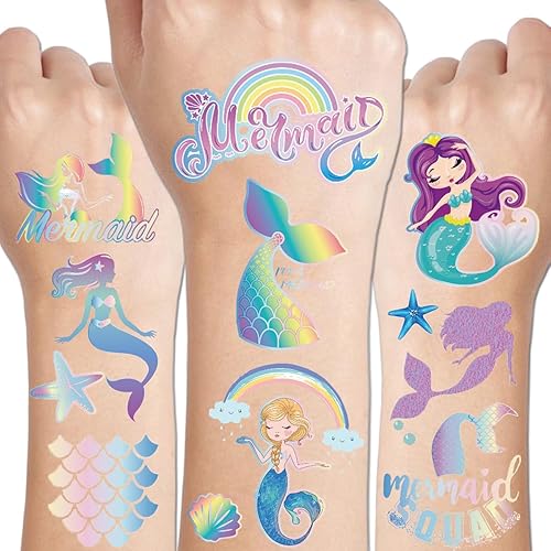 CHARLENT 100 tatuajes temporales de sirena con purpurina para niñas, 6 hojas, 100 unidades, impermeables y resistentes al sudor, seguros para niños,