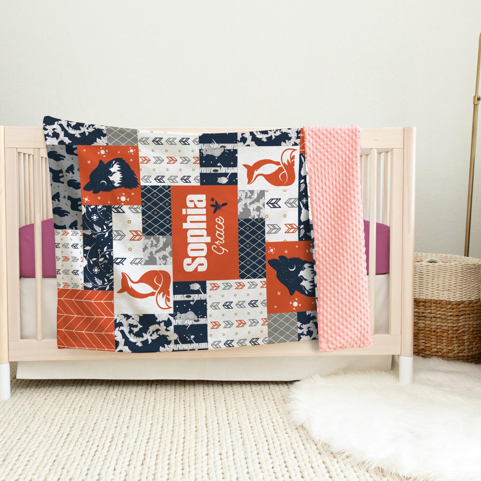 Manta personalizada para bebé, manta a cuadros con nombre personalizado con diseño de animales del bosque, manta de franela de felpa suave con respaldo de puntos de doble capa para niños y