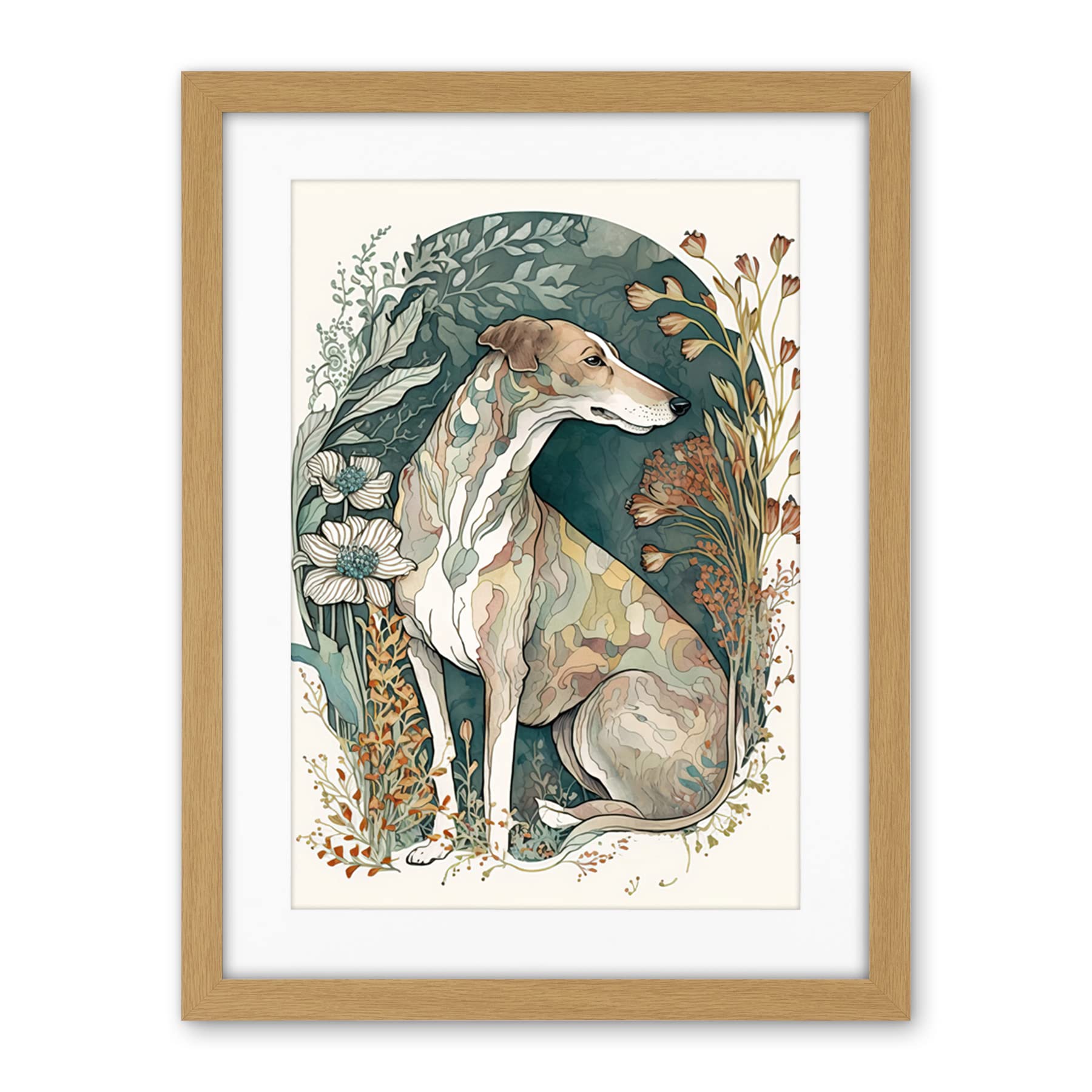 Artery8 Greyhound Dog in Flower Field Modern Pastel Boho Watercolour Illustration Artwork Framed Wall Art Print 18X24 Inch