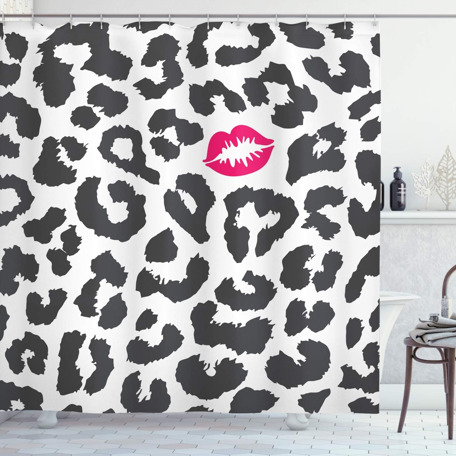 Ambesonne Savannah Shower Curtain, Leopard Cheetah Animal Print Kiss Shape Lipstick Mark Dotted Trend Art, Cloth Fabric Bathroom Decor Set with Hooks, 69" W x 70" L, Charcoal Grey Pink