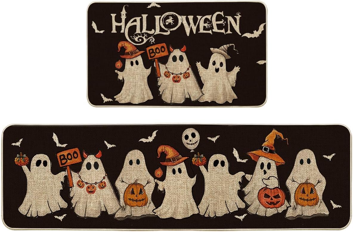 Artoid Mode Ghost Pumpkin Bat Black Halloween Kitchen Mats Set of 2, Black Home Decor Low-Profile Kitchen Rugs for Floor - 17x29 and 17x59 Inch