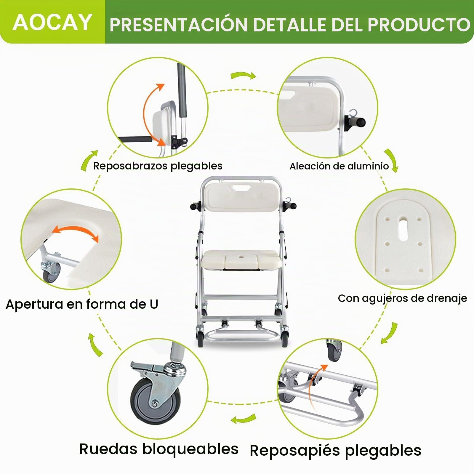 Silla de Ducha con Ruedas para Personas Mayores, Silla con Ruedas para Ducha, Silla Baño Ancianos Ducha, Taburete Ducha para Mayores con Reposabrazos y Reposapiés Plegables