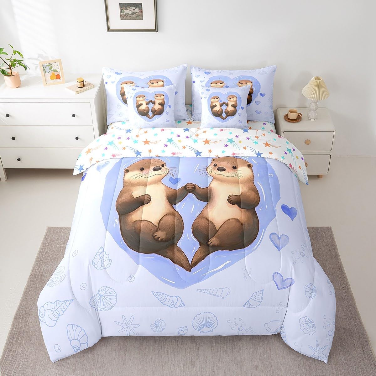 7 Pieces Twin Size Cartoon Otter Comforter Set,Sketch Love Heart Romantic Bedding Set for Boys Girls,Shell Starfish Cute Ocean Animal (Comforter+Fitted+Flat Sheet+2 Pillowcases+2 Throw Pillow Covers)
