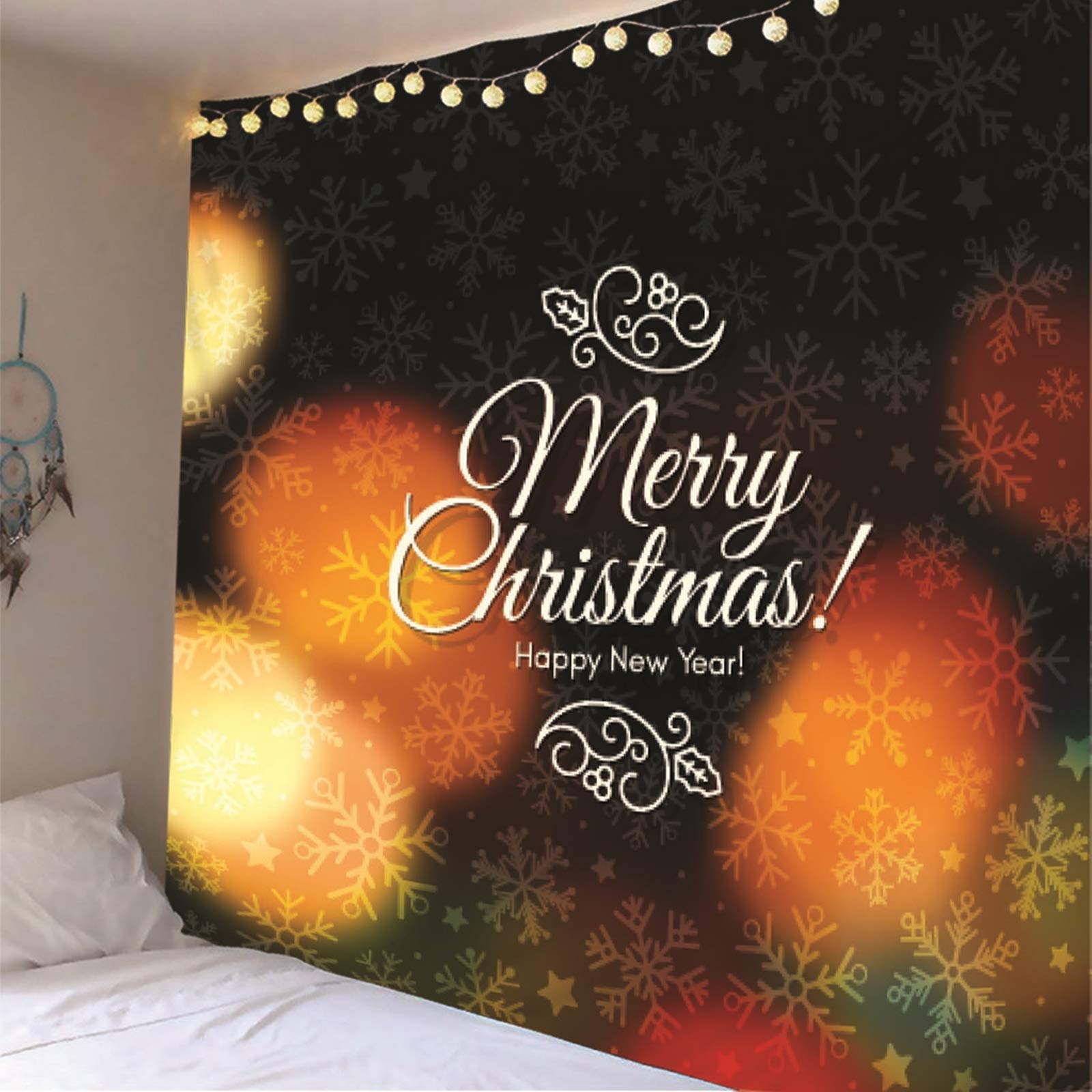 Tapiz Yoga Suelo, Decoracion de Navidad para Exterior Copos de Nieve Feliz Navidad Feliz Año Nuevo Amarillo Marron Poliéster Papel Tapiz Decorativos 260X240cm