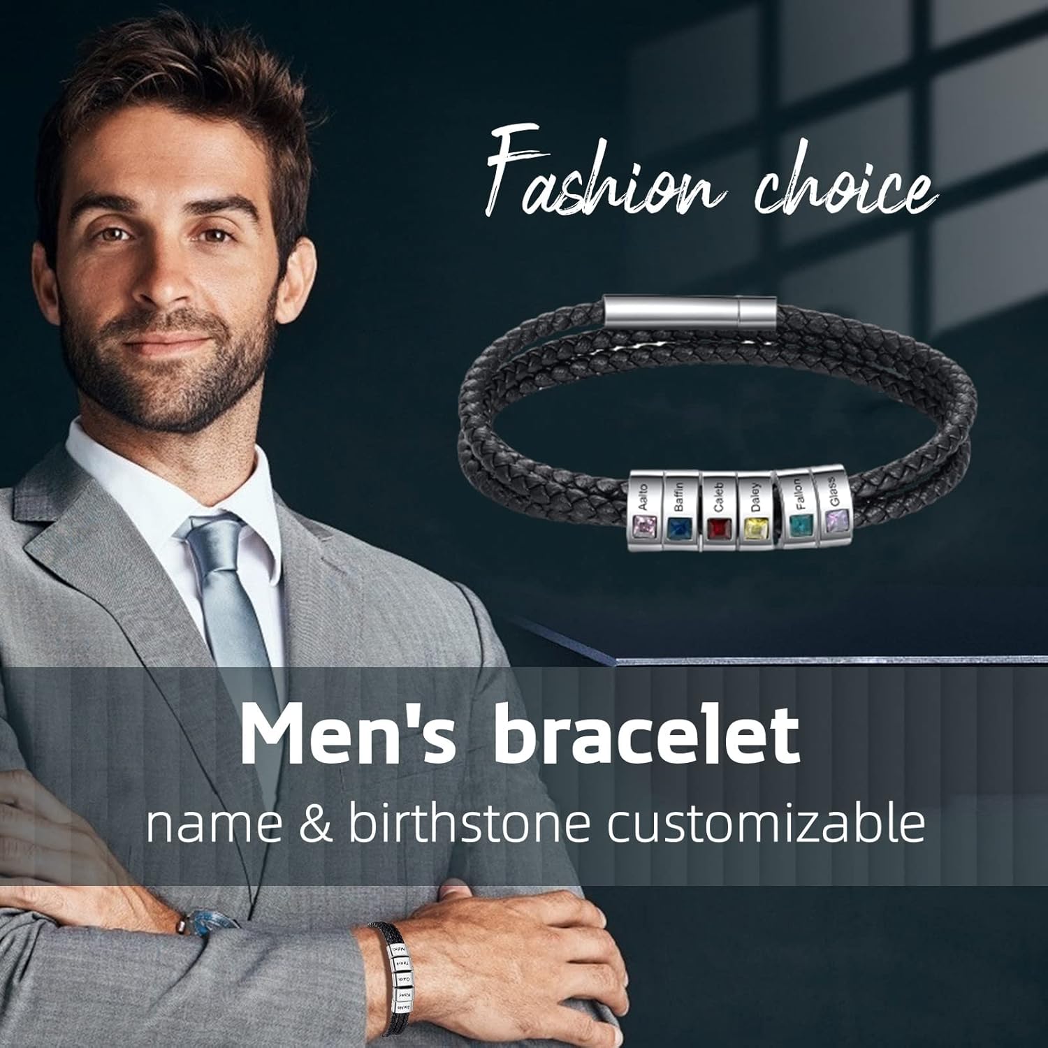 Personalized Mens Braid Bracelet Custom Bracelet with 1-8 Engraved Beads Family Names Jewelry Gifts for Men Father's day