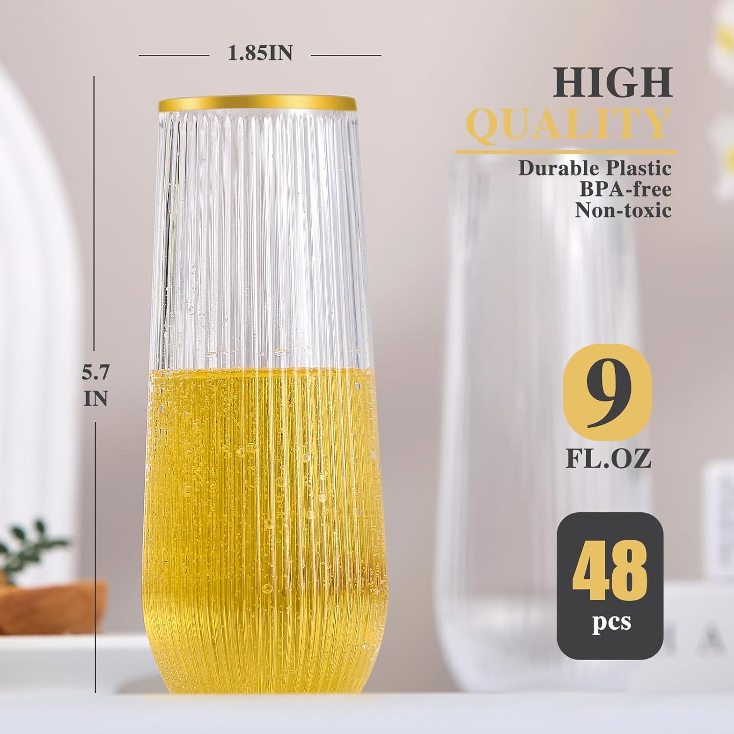 48 Pack Stemless Plastic Champagne Flutes Disposable 9 Oz Clear Plastic stripe Champagne Glasses Mimosa Glasses with Gold Rim Unbreakable for Party Wedding Birthday (Heavy Duty) - Image 2