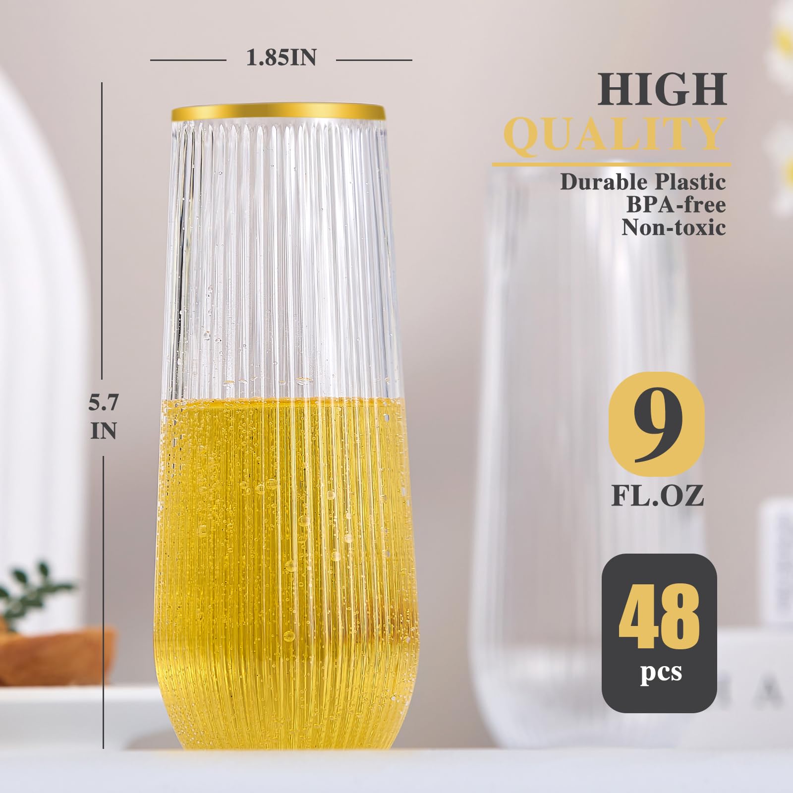 Paquete de 48 copas de champán desechables de plástico transparente de 9 onzas, copas de champán de plástico transparente con borde dorado, irrompibles para fiestas, bodas, cumpleaños