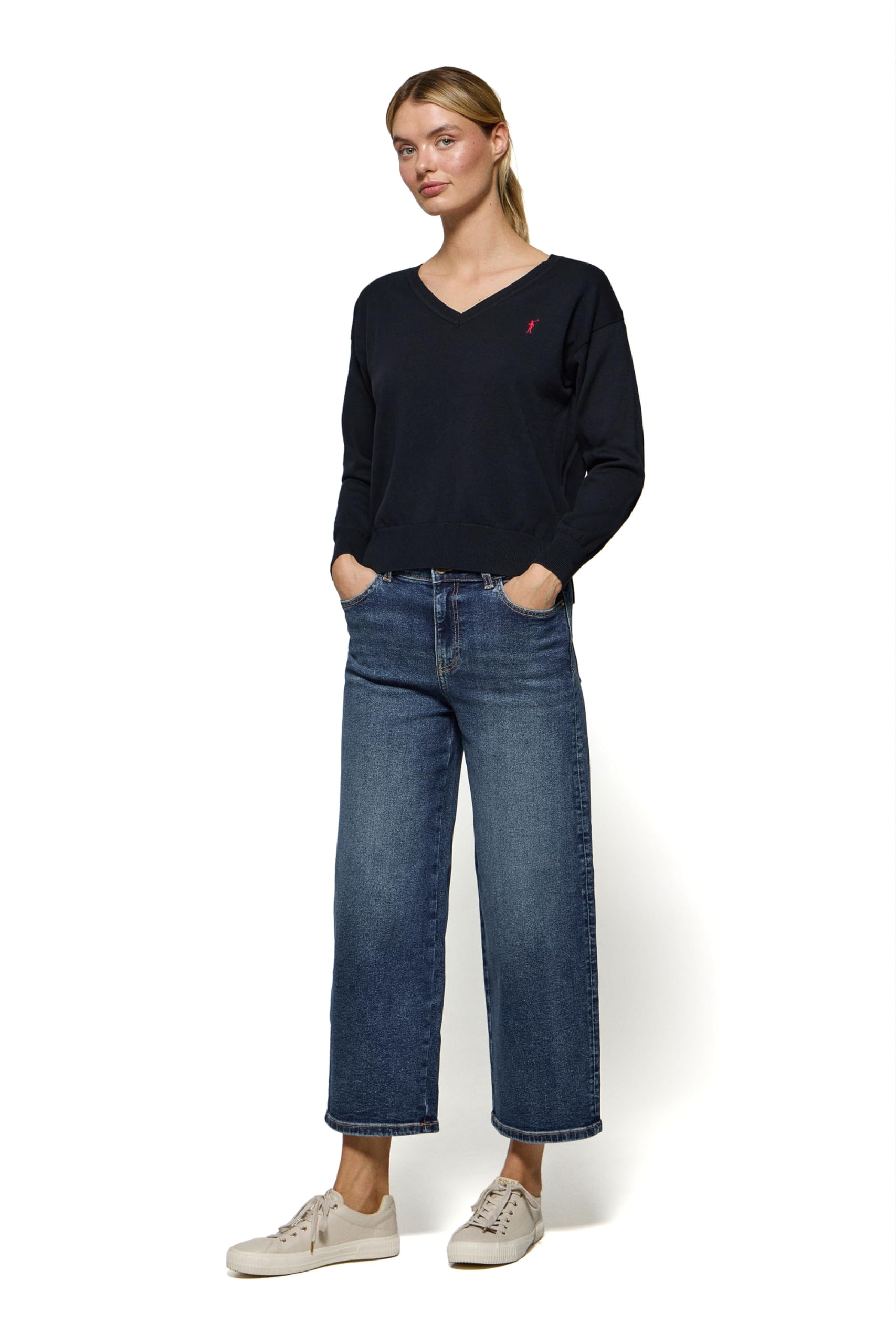 Polo Club Pull en Maille avec Col V et Logo brodé pour Femme