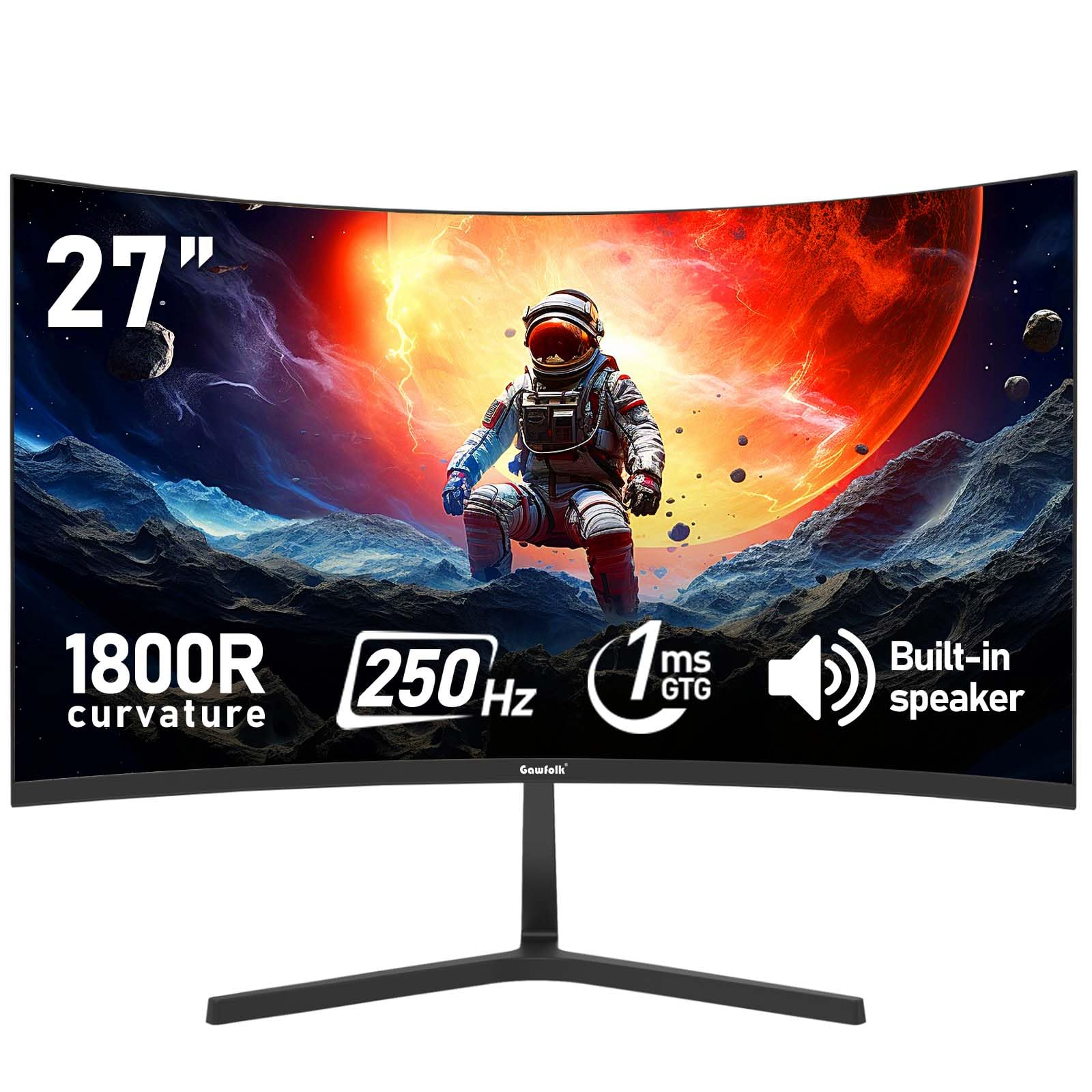 Gawfolk 68,6 cm (27 Zoll) PC-Computer-Bildschirm, 1800R Curved Gaming 250Hz Monitore, FHD 1080p 1ms, Freesync, 98% sRGB, integrierter Lautsprecher, HDMI 2.0, DisplayPort, kompatibel mit Wandmontage