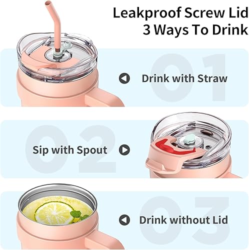 Miniatura 5 de KETIEE Vaso de 40 onzas con asa y pajilla, de acero inoxidable aislado al vacío a prueba de fugas, con tapa atornillada y pajilla, jarra de agua