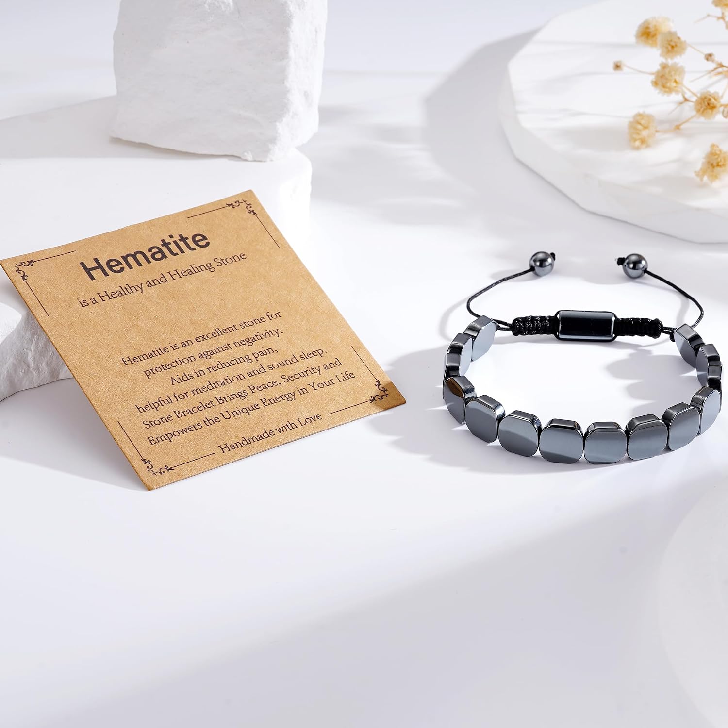 Hematite Bracelet for Men, Natural Hematite Stone Handmade Braided Rope Bracelets Healing Grounding Balance Inspirational Jewelry Birthday Gift for Him