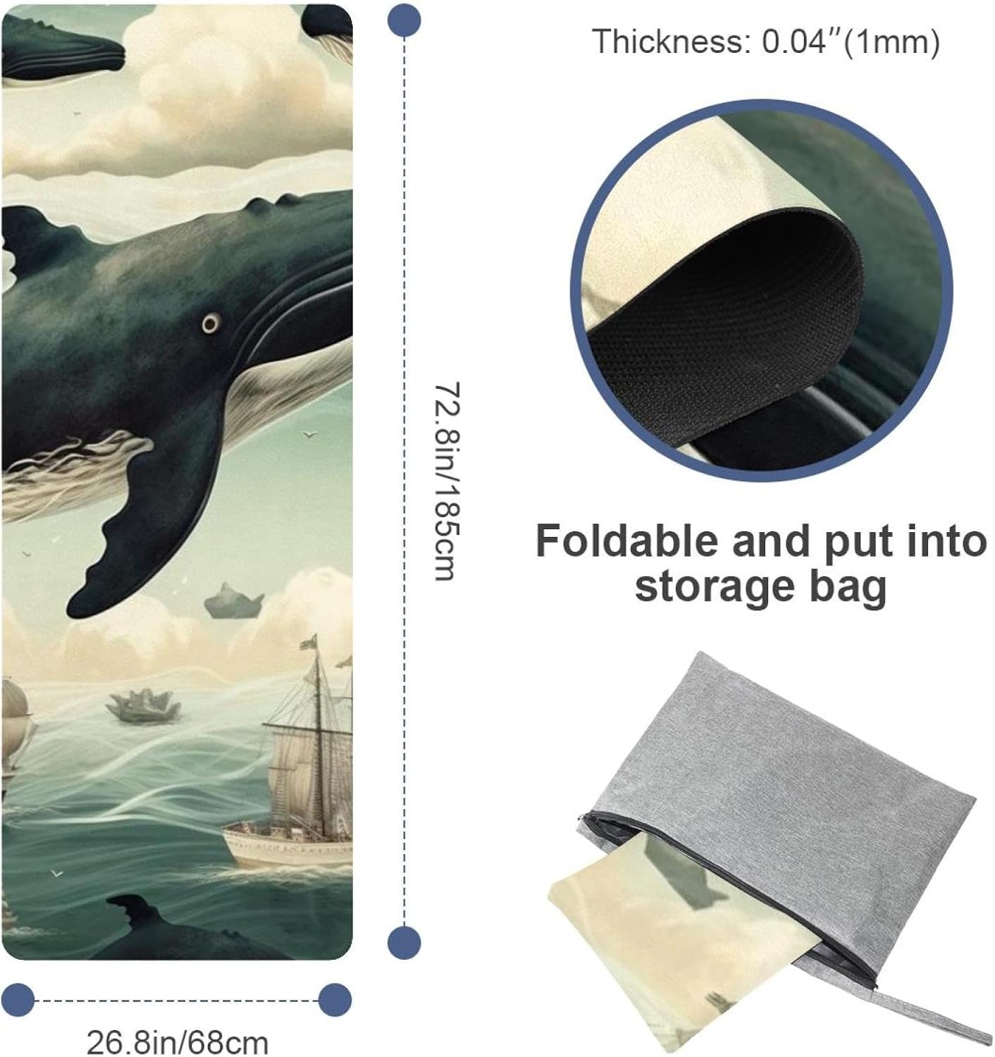 Yoga Towel, Whale Sea Pattern Non Slip Sweat Absorbent Hot Yoga Mat Towel for Hot Yoga, Pilates and Fitness - 72.8" x 26.8"