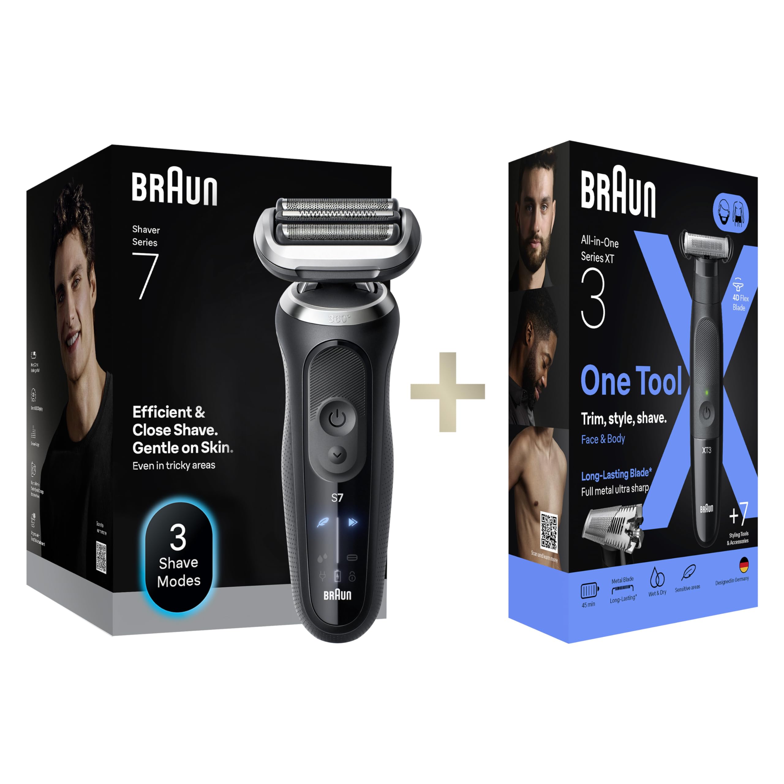 Braun Bundle mit Series 7 Rasierer Kabelloser, Nass und Trockenrasierer, Wasserdicht, Made in Germany, N7200cce, Schwarz + Series XT3 Barttrimmer & Bodygroomer, Wasserdicht, XT3200, Schwarz