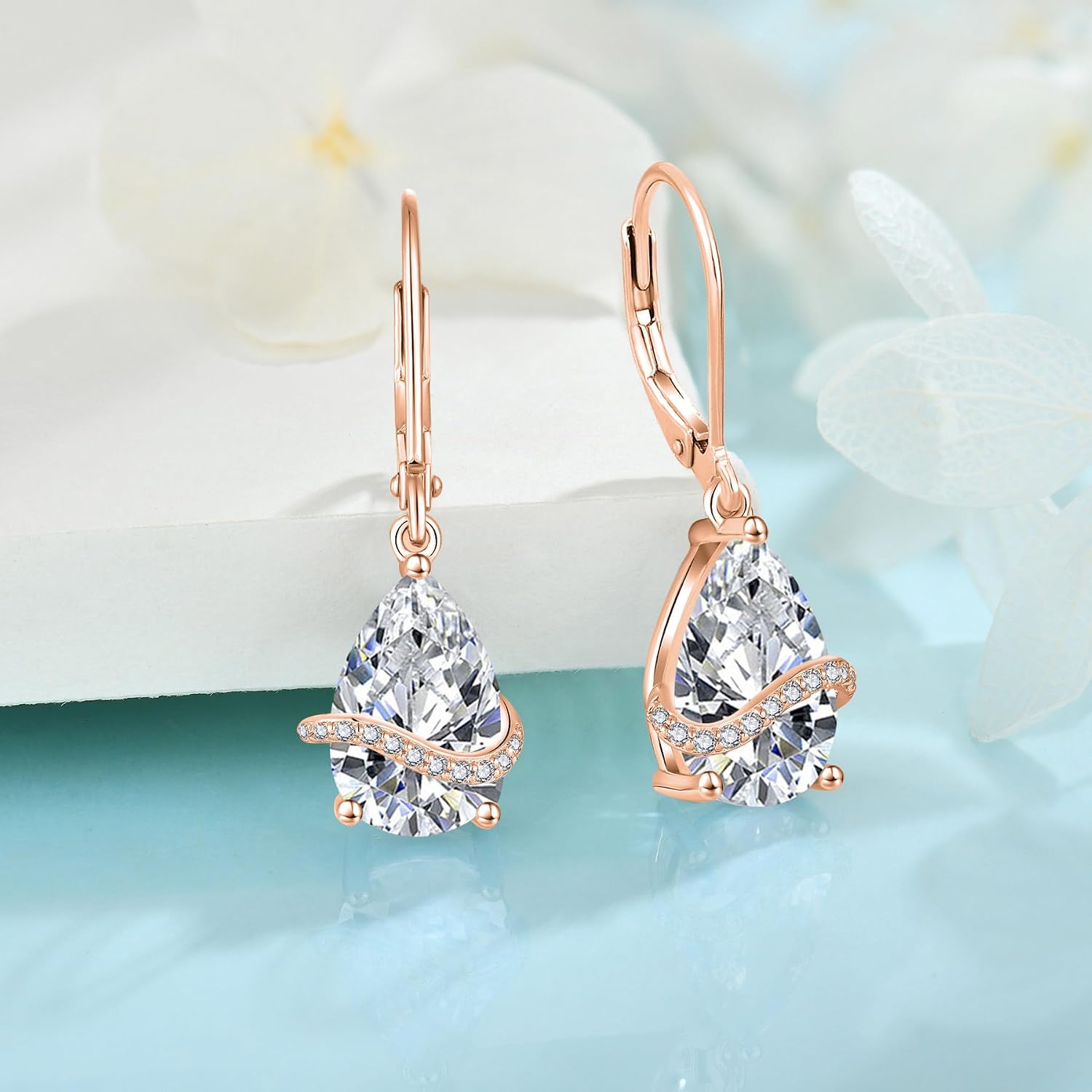 18K Rose Gold Plated Jewelry Set for Women 925 Sterling Silver Teardrop Cubic Zirconia Necklace Dangle Drop Leverback Earrings April Birthstone Jewelry for Mom Wife