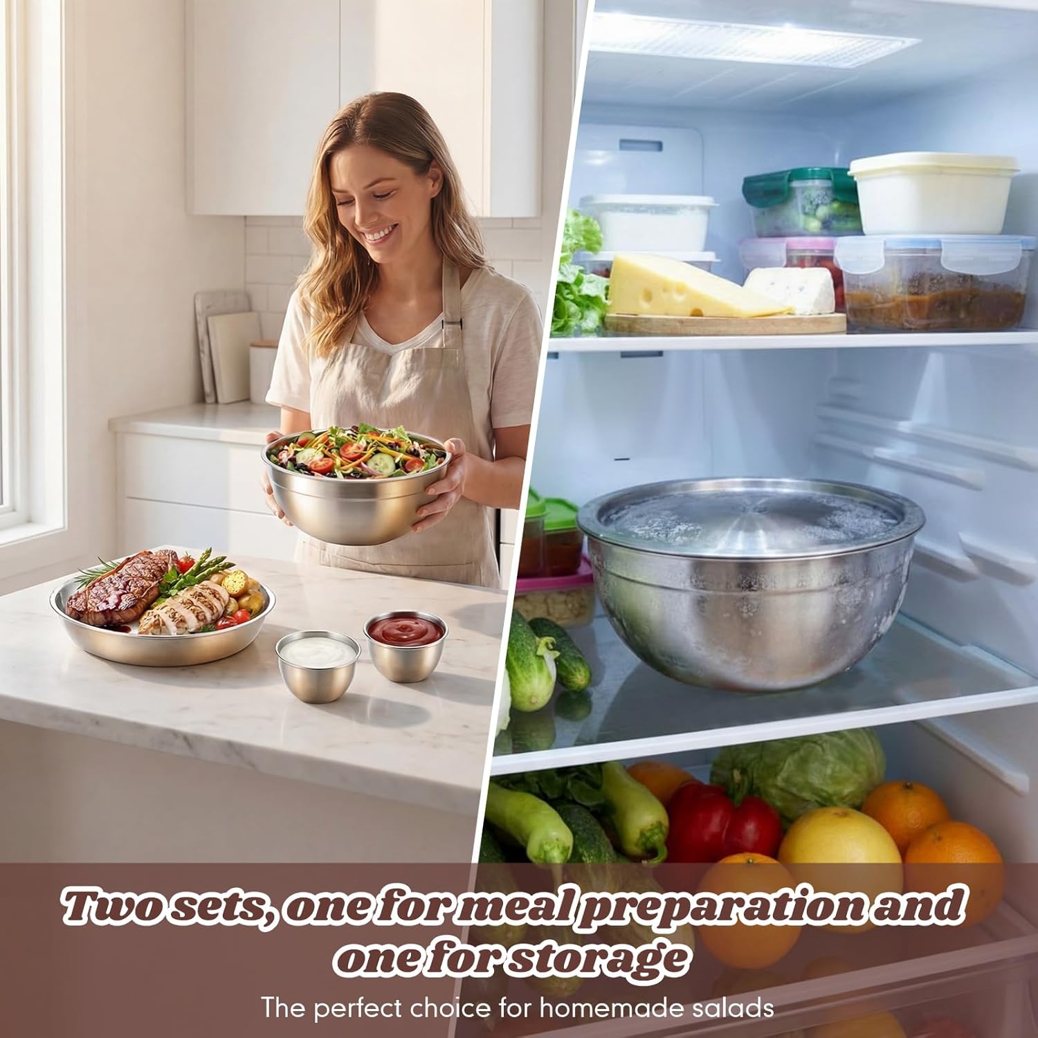 10 Pcs 64oz Stainless Steel Salad Bowl Kit Includes Salad Containers with Leakproof Lids Dressing Cups Removable Bento Tray Kitchen Serving Set for Meal Preparation Dishwasher Safe