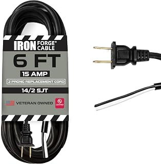 Iron Forge Cable 15 Amp Power Cord Replacement Two Prong Polarized Plug with Open End - 6 ft Black Extension Cable, 14 Gauge - 2 Wire 14/2 SJT