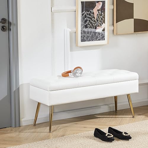 Miniatura 6 de Banco otomano de cuero blanco para dormitorio, banco otomano de almacenamiento con extremo de almacenamiento de banco de cama