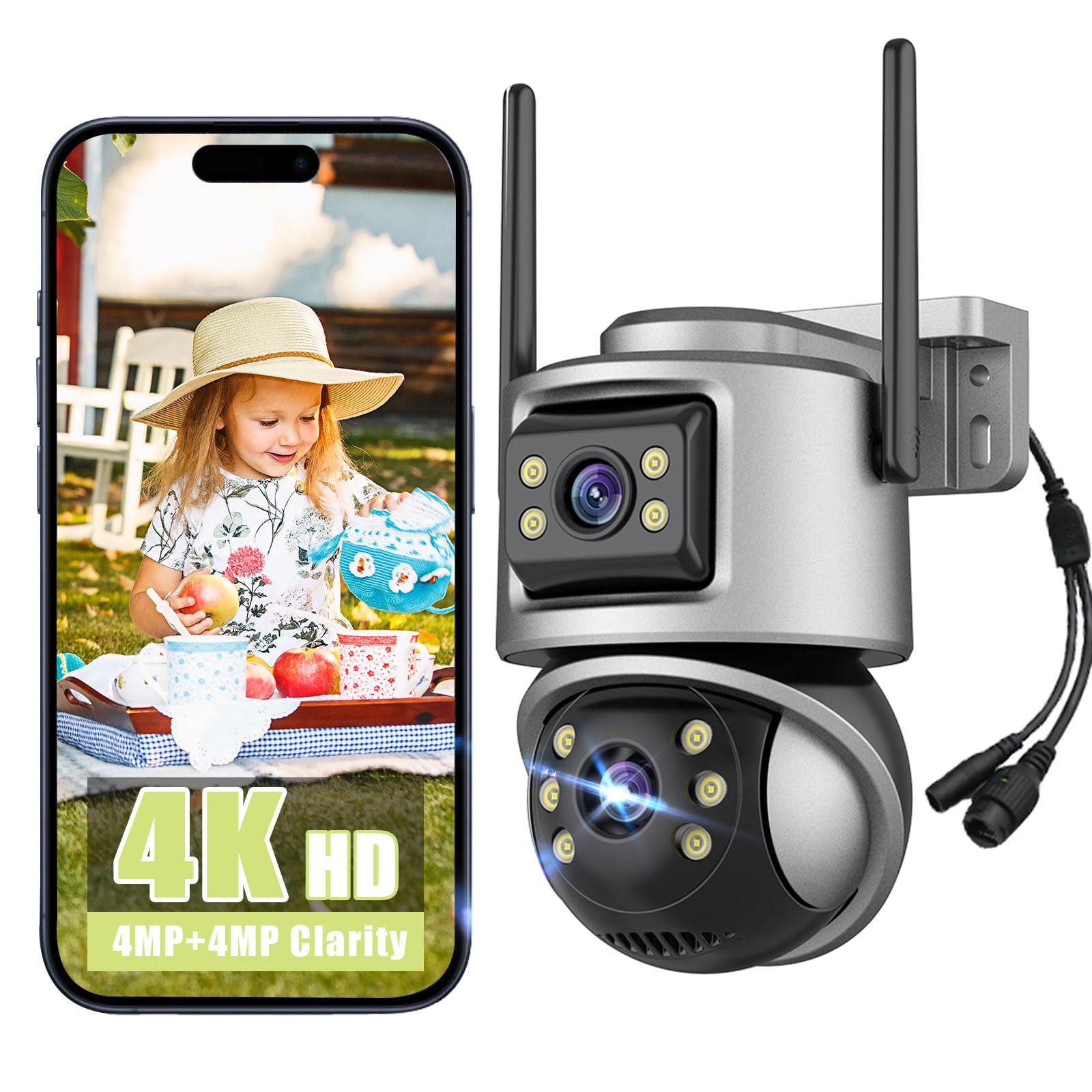 Eicitlo Camara Vigilancia WiFi Exterior 4K 8MP 360° PTZ Cámara Vigilancia con Doble Lente,Visión Nocturna en Color, Seguimiento Inteligente, Audio Bidireccional, IP66,Compatible Alexa