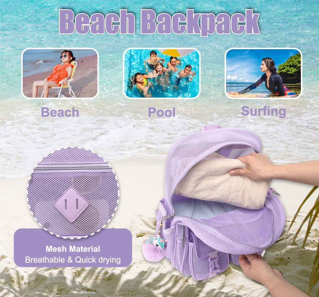 Mesh Backpack for Girls Boys, Heavy Duty Semi-Transparent Mesh Bookbag Womens Mens Mesh Backpacks for School, Sports, Beach, Swimming, Travel Purple - Image 6