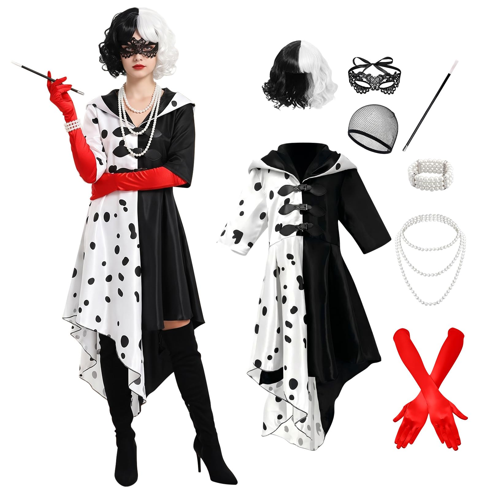 Crula Devil Costume Women Black & White Spotted Fashion Costume-8Pcs Halloween Outfit with Wig, Dress, Red Gloves