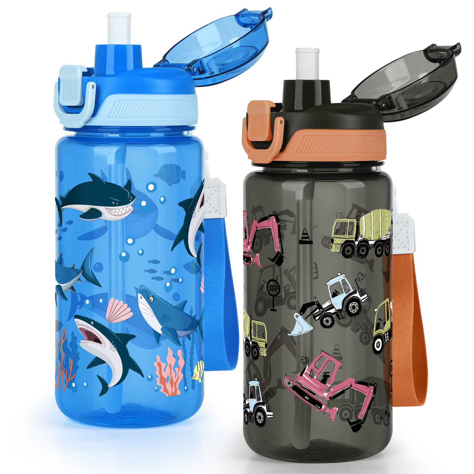 omedecal 600ml Kids Water Bottle with Pop-Up Lid & Lock, BPA-Free, 2-in-1 Removable Straw or Direct Drink Plastic Water Bottle, Dishwasher Safe, Handle Strap, Boys & Girls, Shark & Excavator