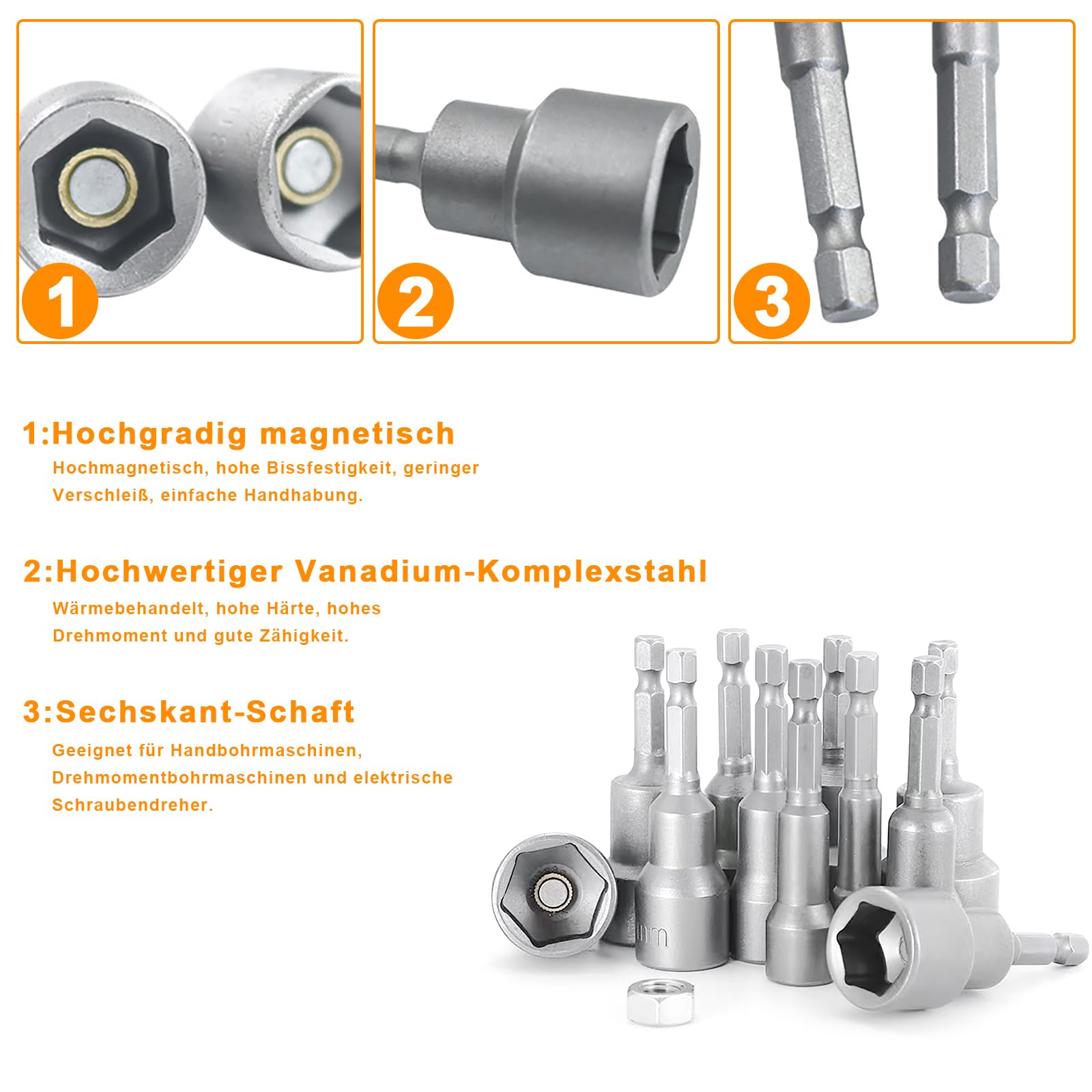 10-teiliges Stecknuss-Adapter-Set – Magnetisch, Größen 6-19 Mm, Für Akkuschrauber & Schrauber