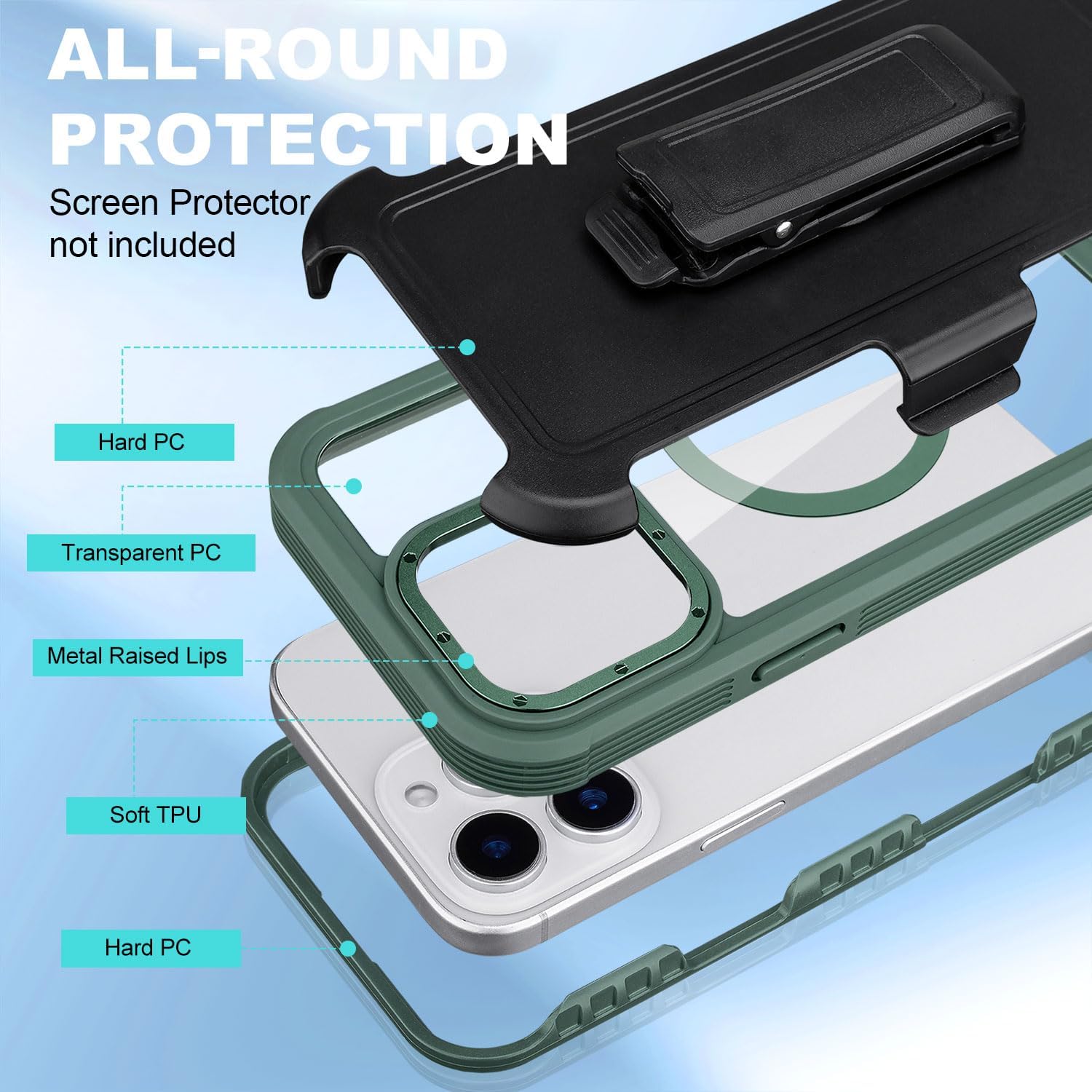Defender for Clear iPhone 13 Pro Max Case with Belt Clip Holster, Compatible with MagSafe, Anti-Yellowing, Full-Body Phone Cover for iPhone 13 Pro Max Case (Clear & Green) - Image 5