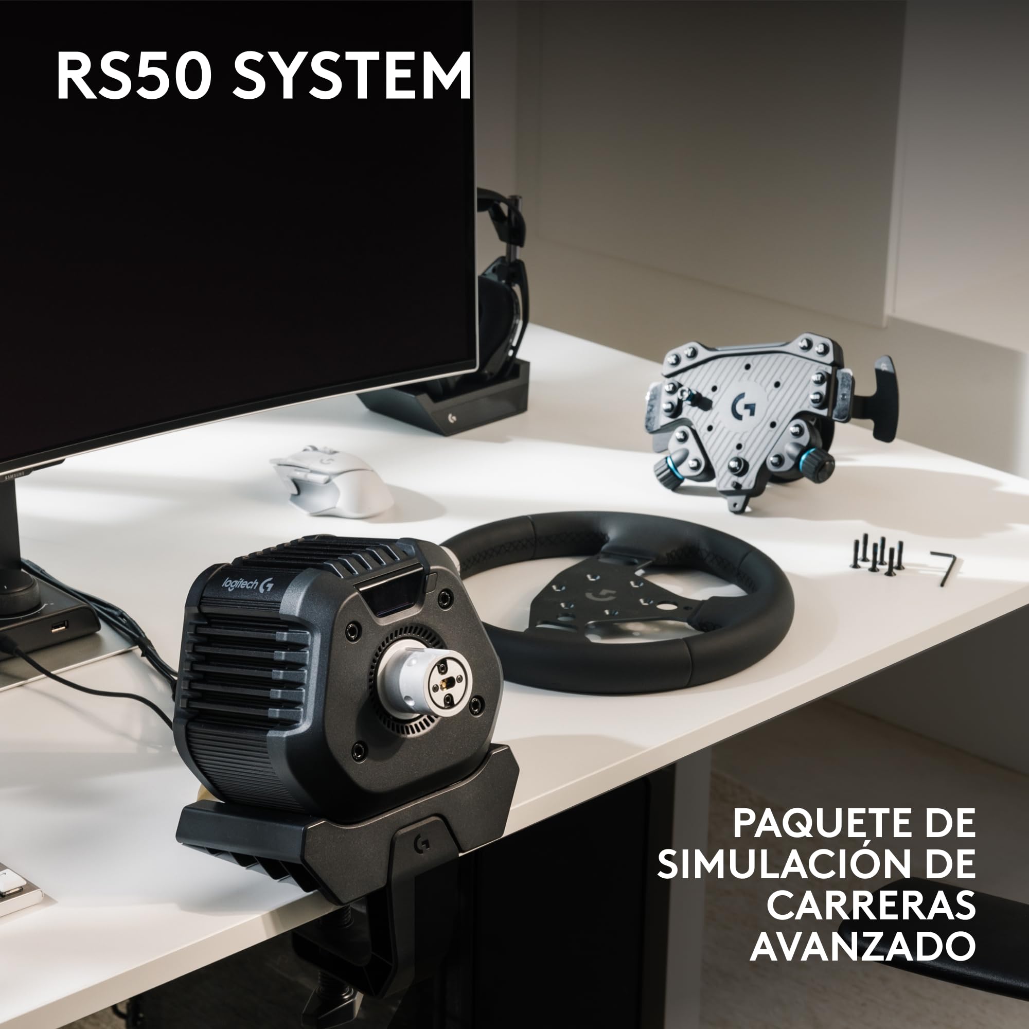 Logitech G RS50 System, setup de volante de simulación de 3 piezas | Base de volante RS50 con accionamiento directo de 8 N⋅m, RS Wheel Hub con 13 botones y RS Track Wheel - PS5/PS4/PC - Negro