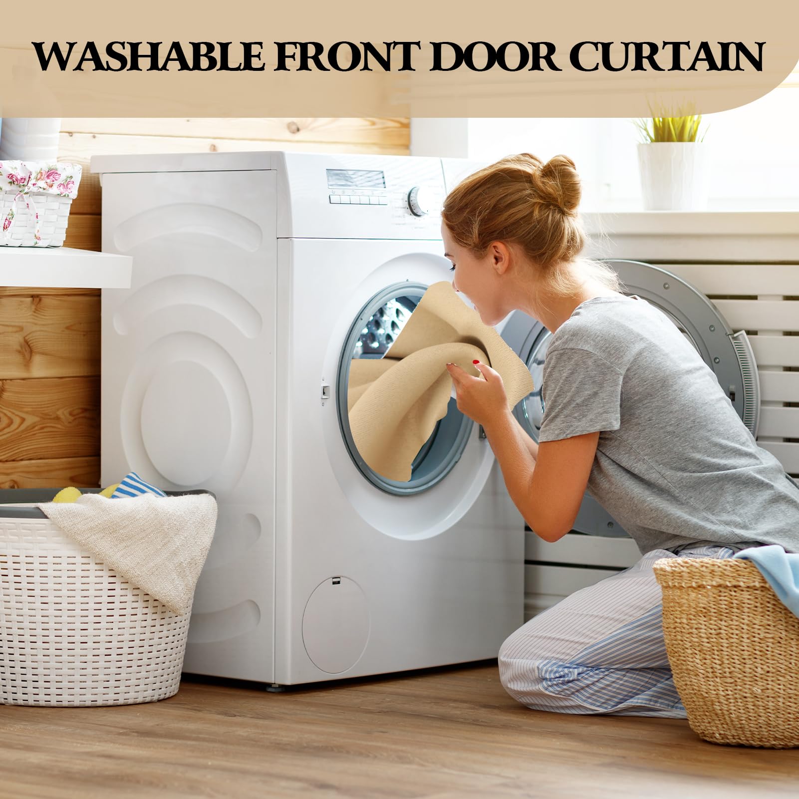 Gugxiom 66 x 173 cm Front Tür Vorhang,Französisch Tür Jalousien mit Bandage,Front Türs Seitenlicht Vorhang für Küche Wohnzimmer Bad (Beige)