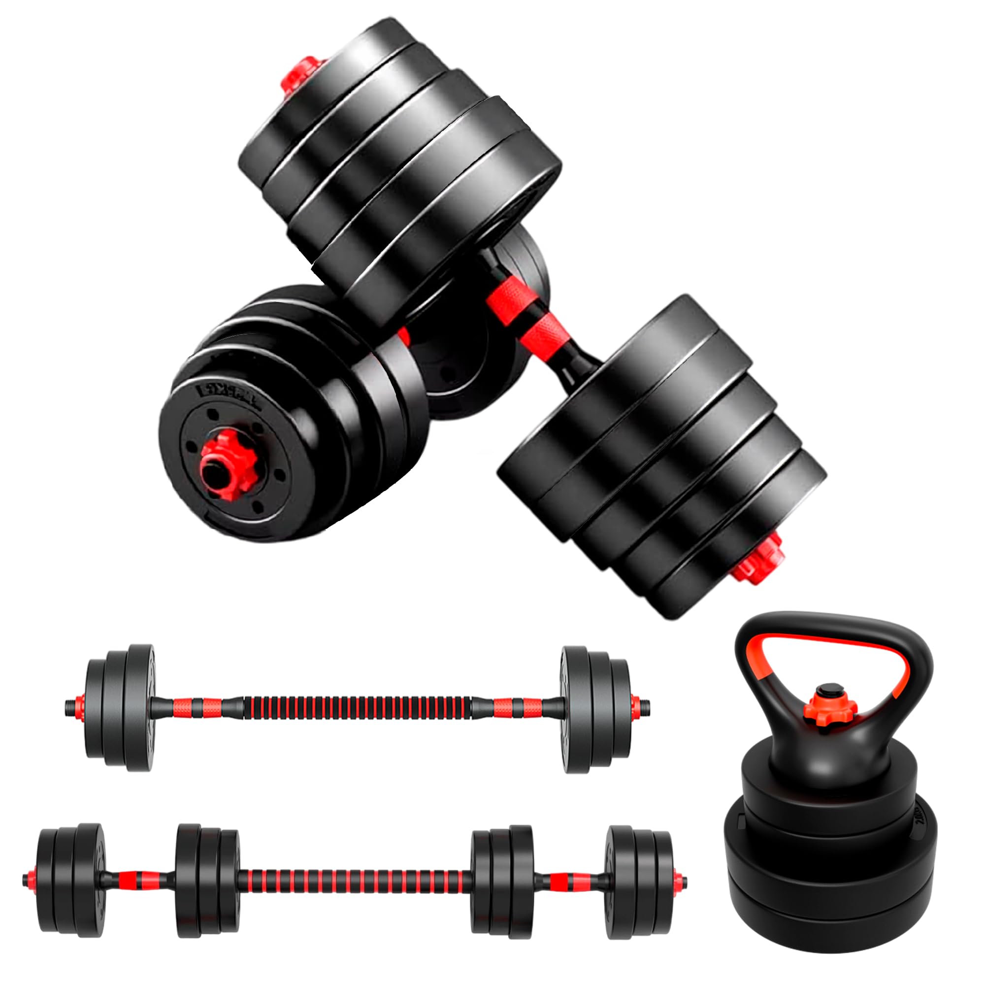 JUPPLIES Juego de Mancuernas Ajustables 2 en 1-10kg 20kg 40kg - Kit de Pesas con Barra Recta Ajustable y Antideslizante - Pesas y Mancuernas Discos Recubiertos