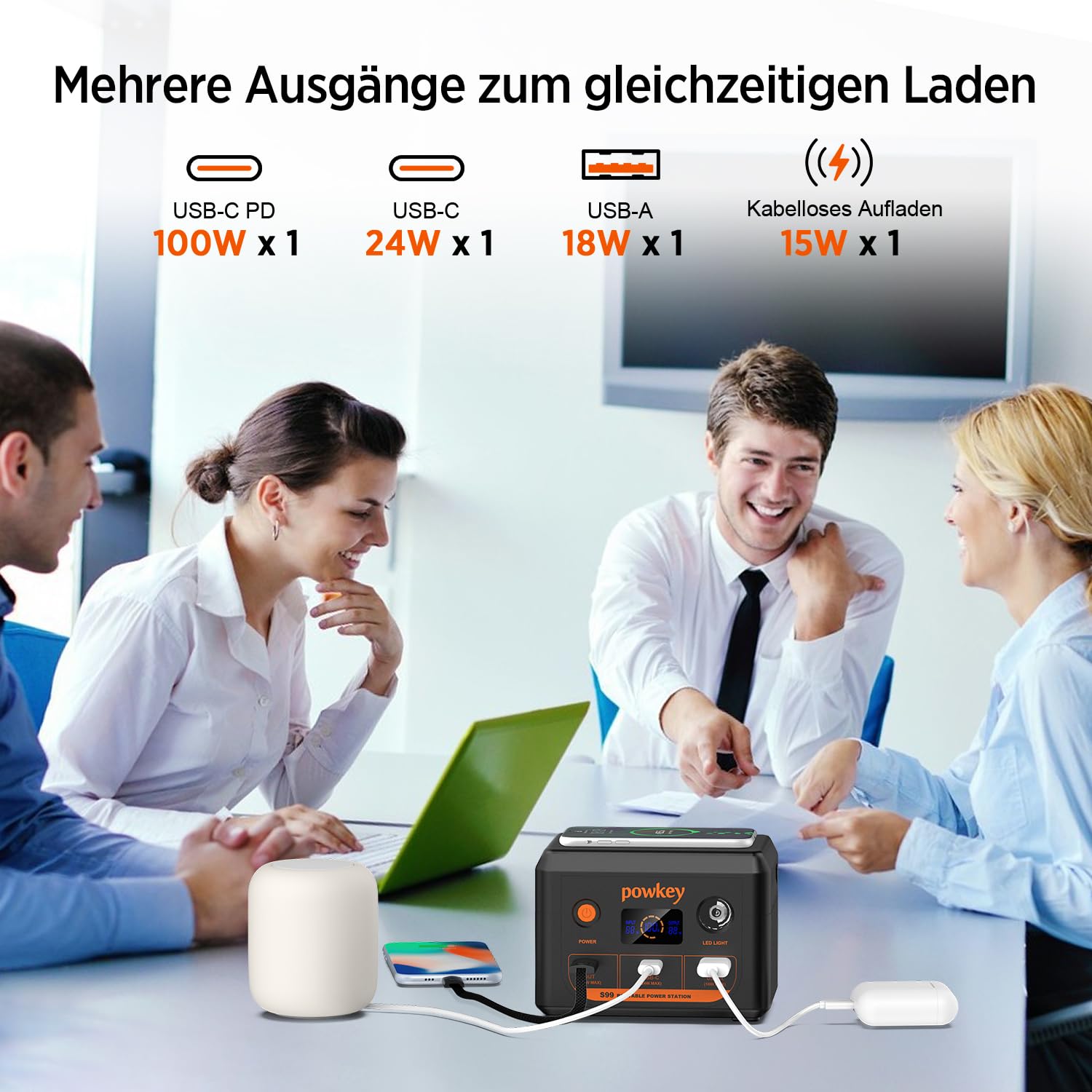 POWKEY Tragbare Powerstation, 30000mAh Laptop Powerbank 96Wh LiFePO4 Akku, Solar Power Station mit 100W USB-C-Schnellladung & LED-Licht für Tablets，iPhone, MacBook, Samsung und mehr