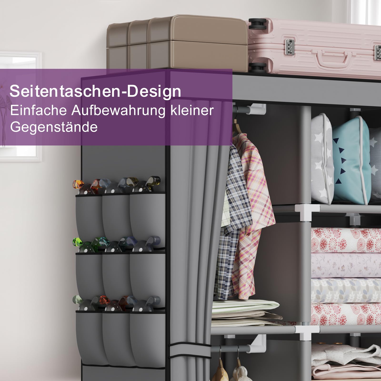 LOEFME Kleiderschrank, Stoffschrank, Faltbarer Kleiderschrank mit Kleiderstange, Stoffkleiderschrank mit 18 Seitentaschen, 45 x 130 x 172 cm, Grau