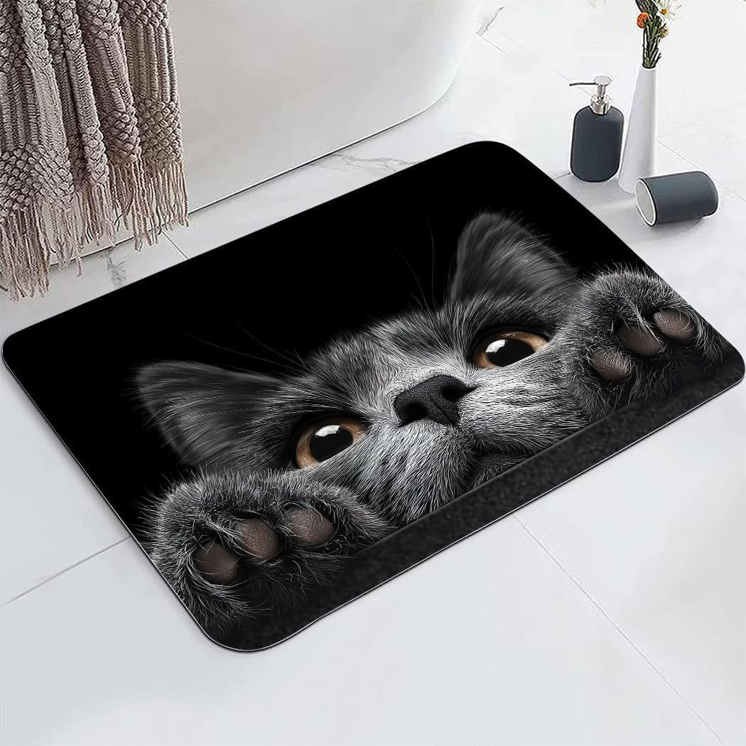 Grey Cat Peeking Printed Bathroom Rug Non - Slip Washable Rubber - Backed Bath Mat 16"x24"