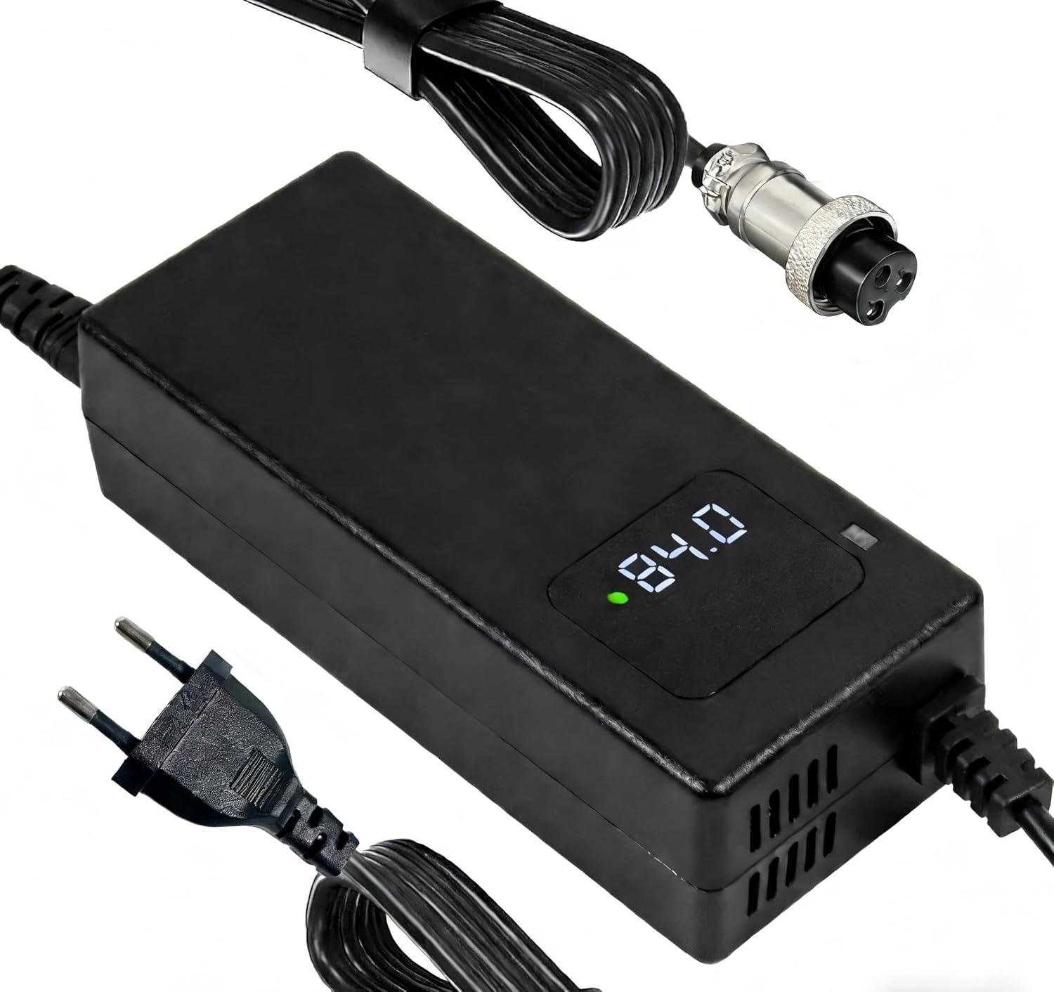 84V 2A Lithium Battery Smart Charger, Suitable for 16S 72V Lithium Batteries, Equipped with DC GX16-3 Connector – Portable Constant Current and Constant Voltage Charger with LED Indicator