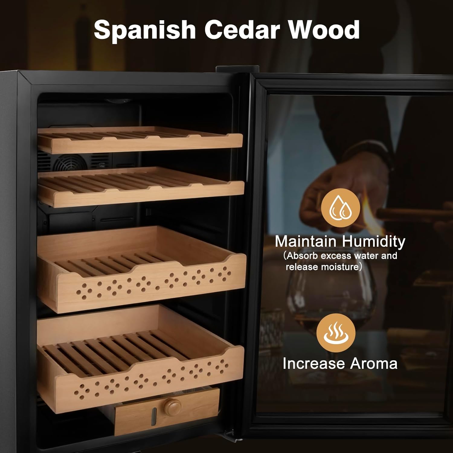 Electric Cooler Cabinet 70L with Temperature and Humidity Control, Spanish Cedar Wood Shelves and Safety Lock (500 Counts Capacity), Gift for Men