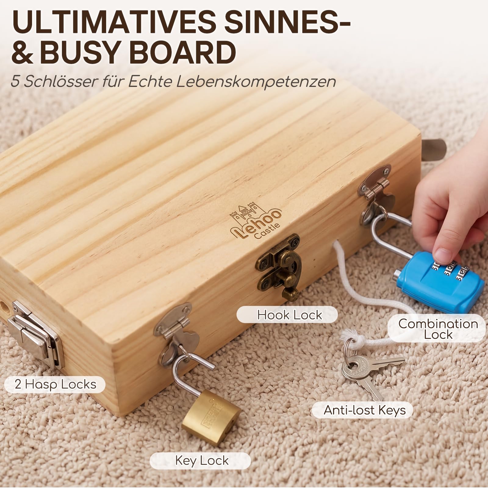 Lehoo Castle Montessori Spielzeug ab 3 4 5 Jahre, Kinder Werkzeugkoffer mit Werkzeug Motorikspielzeug Holzspielzeug Schraubendreher Busy Board, ADHS & Autismus Sensorik Spielzeug Geschenke