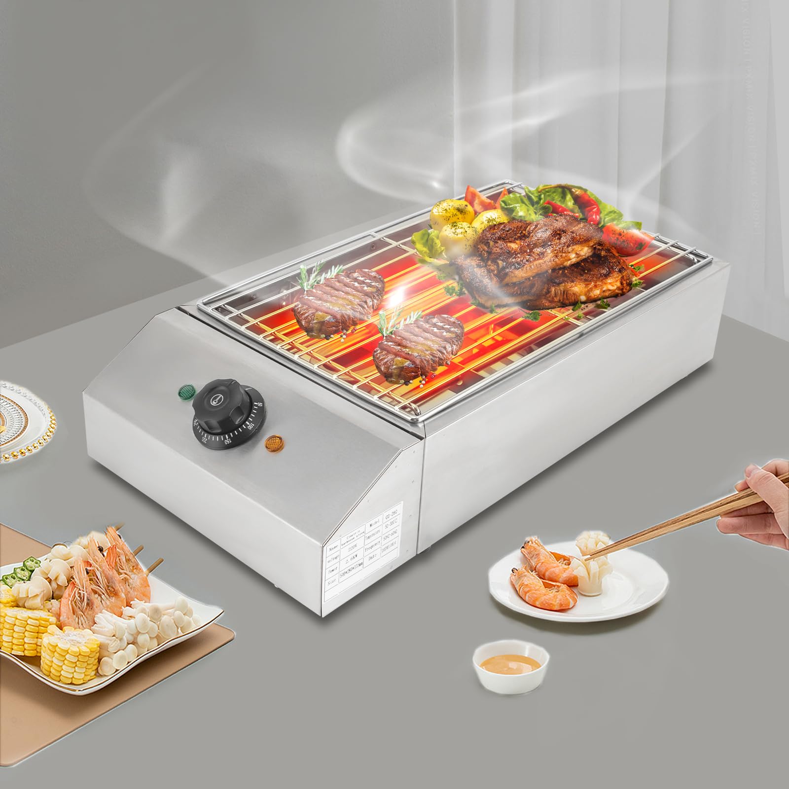 Barbecue elettrico da 220 V, 2,6 KW, 50 – 300 °C, temperatura regolabile, con griglia in acciaio inox rimovibile, per balcone, terrazza, interni, campeggio, 54 x 28 x 13,5 cm