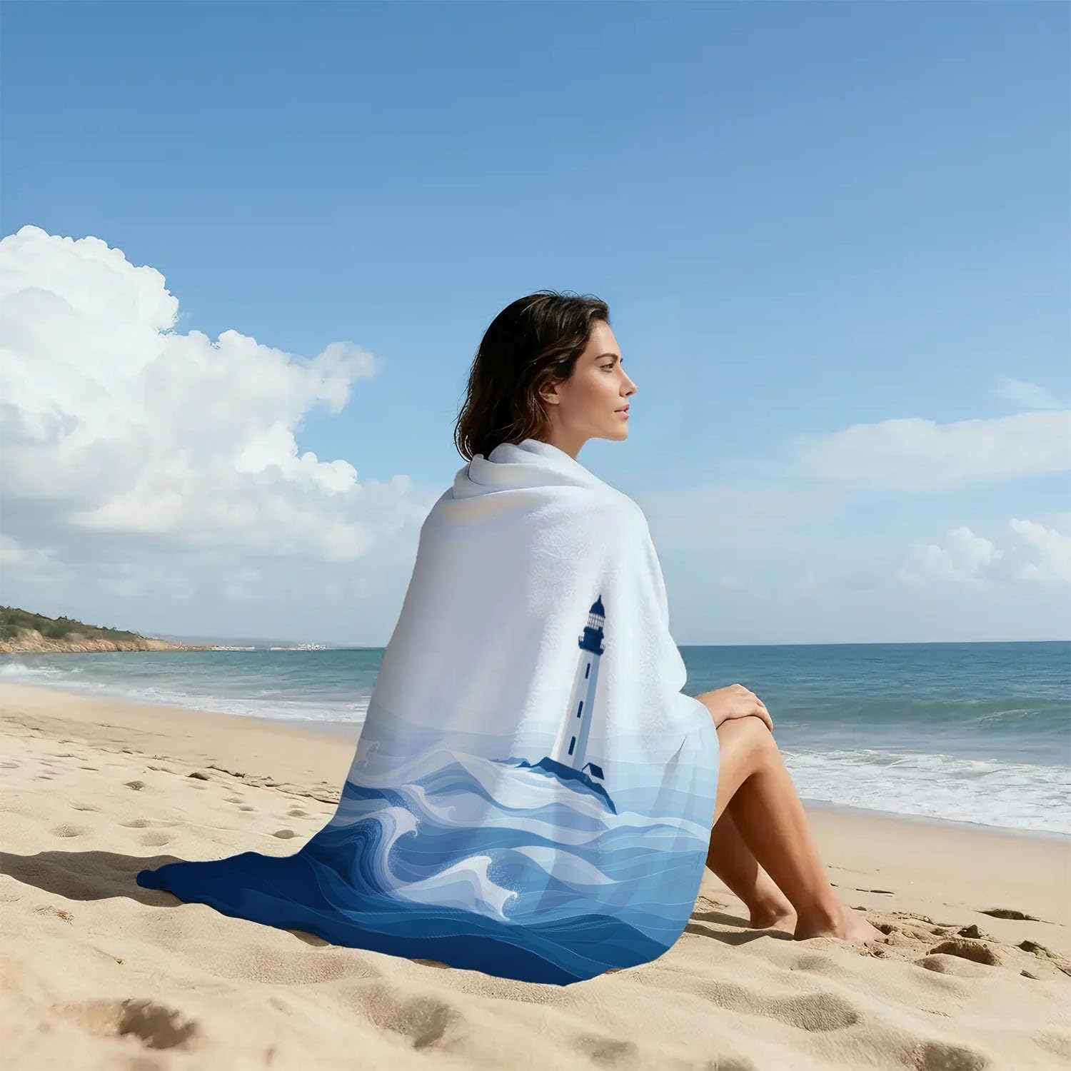 Elegant, Nautisch, Natürlich Strandtuch 200 x 145 cm – Saugfähiges Schnell trocknendes Strandtuch Klassische Leuchttürme, Aquarell für Campen, Picknick, Ausflüge