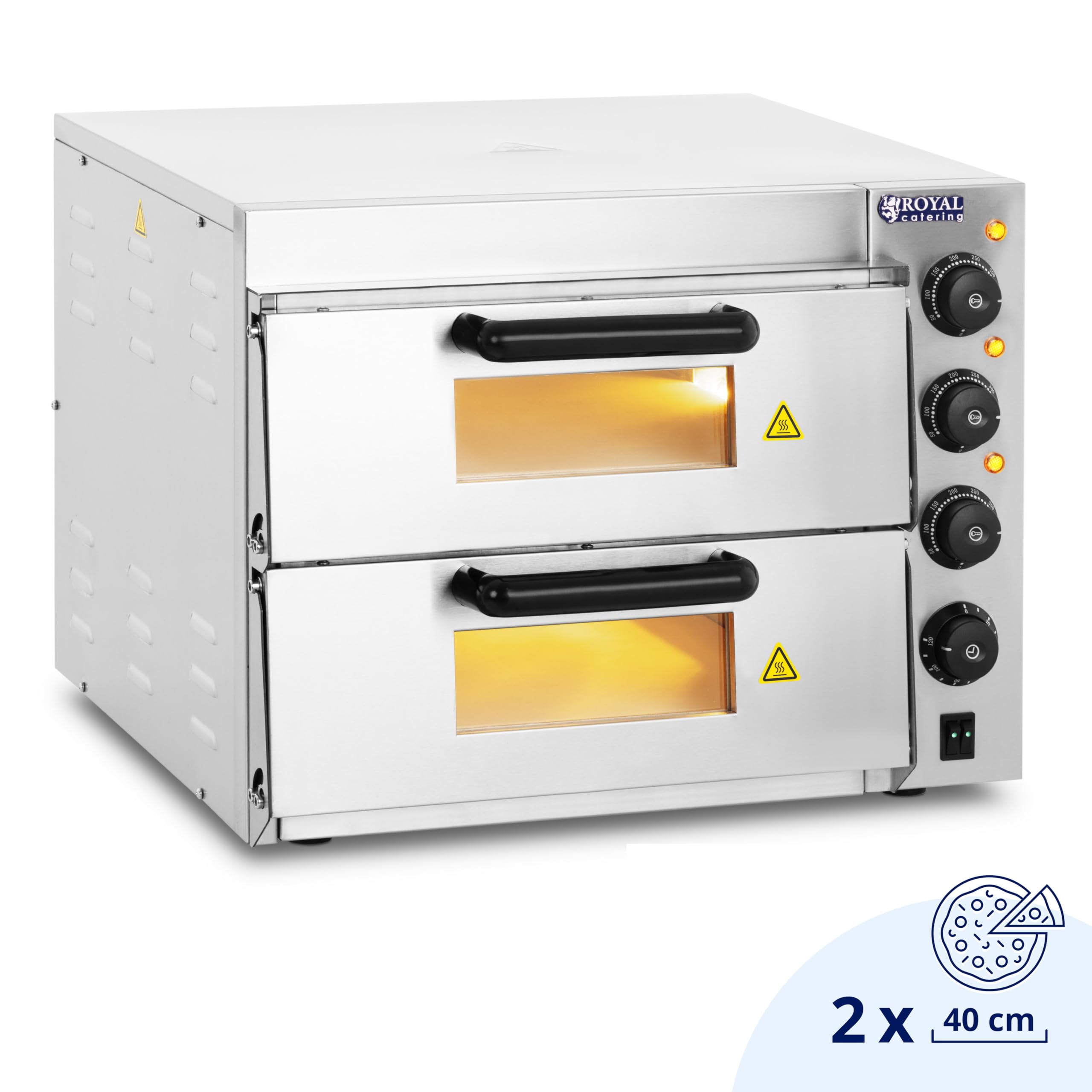 Royal Catering Four à Pizza Electrique RCPO-3000-2PS-1 (2 chambres de cuisson, chaleur réglable séparément, 2 base en chamotte 40x40x1,5cm, fonction minuterie jusqu'à 120 min)