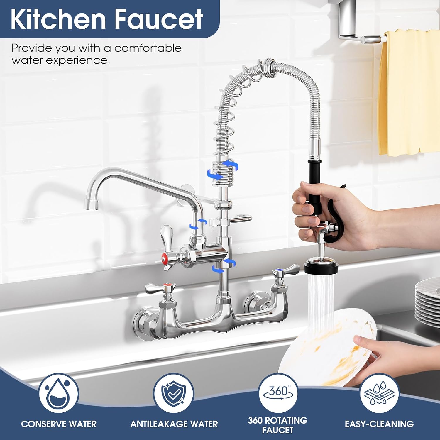 Commercial Wall Mount Kitchen Faucet with Pull Down Pre-Rinse Sprayer, Adjustable Swing Spout, Heavy-Duty Utility Sink Tap for Restaurant, Bar, 3 Compartment Sinks