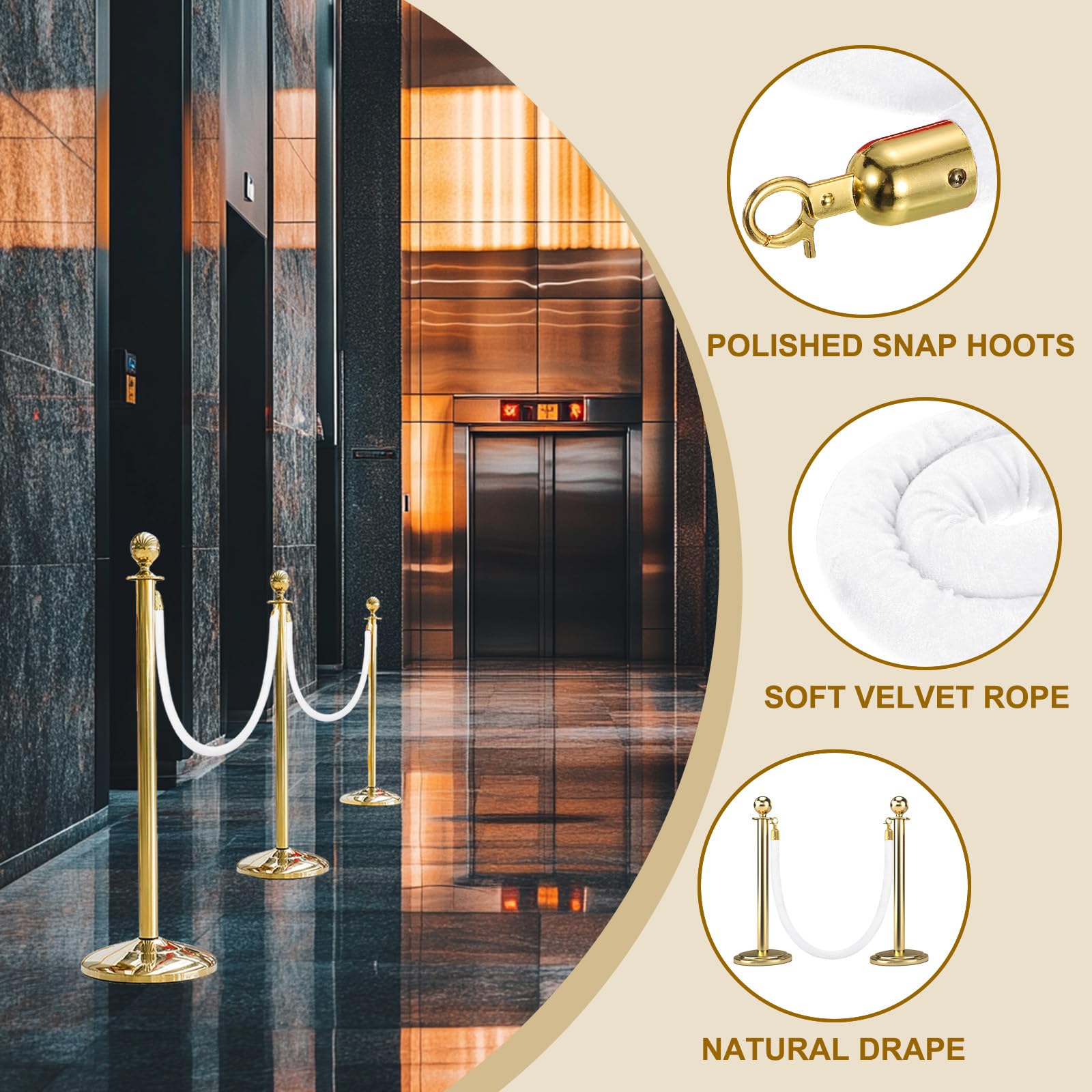 QUARKZMAN Velvet Stanchion Rope 3.28 Ft/1 M, Barrière Corde Velours Avec Mousquetons Pour Posts Supports Séparateur File Contrôle Foule, Blanc Doré Pack 2